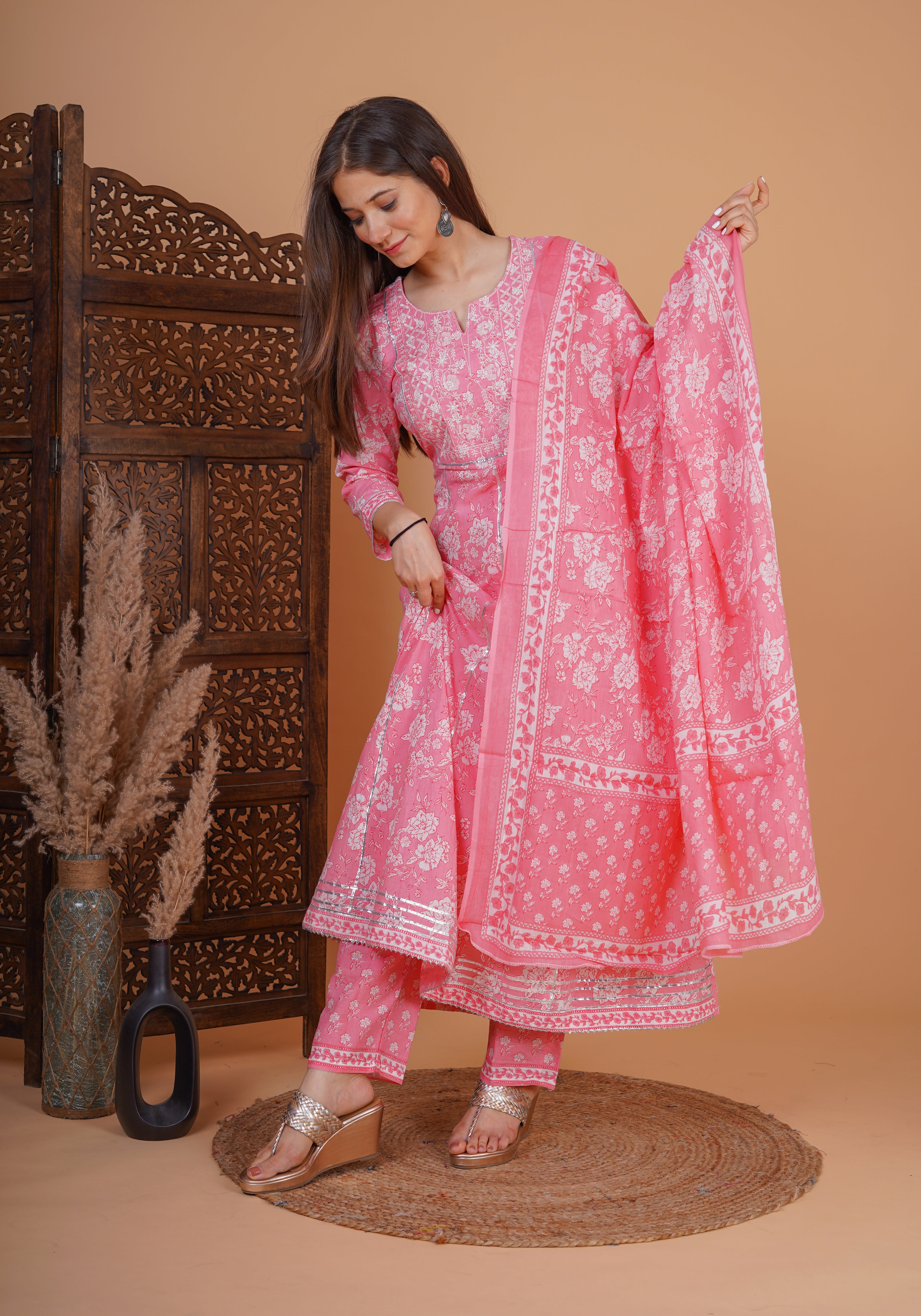 MEERA FAB Women's Cotton Printed Embrodriery Anarkali Kurta With Palazzo & Dupatta Set