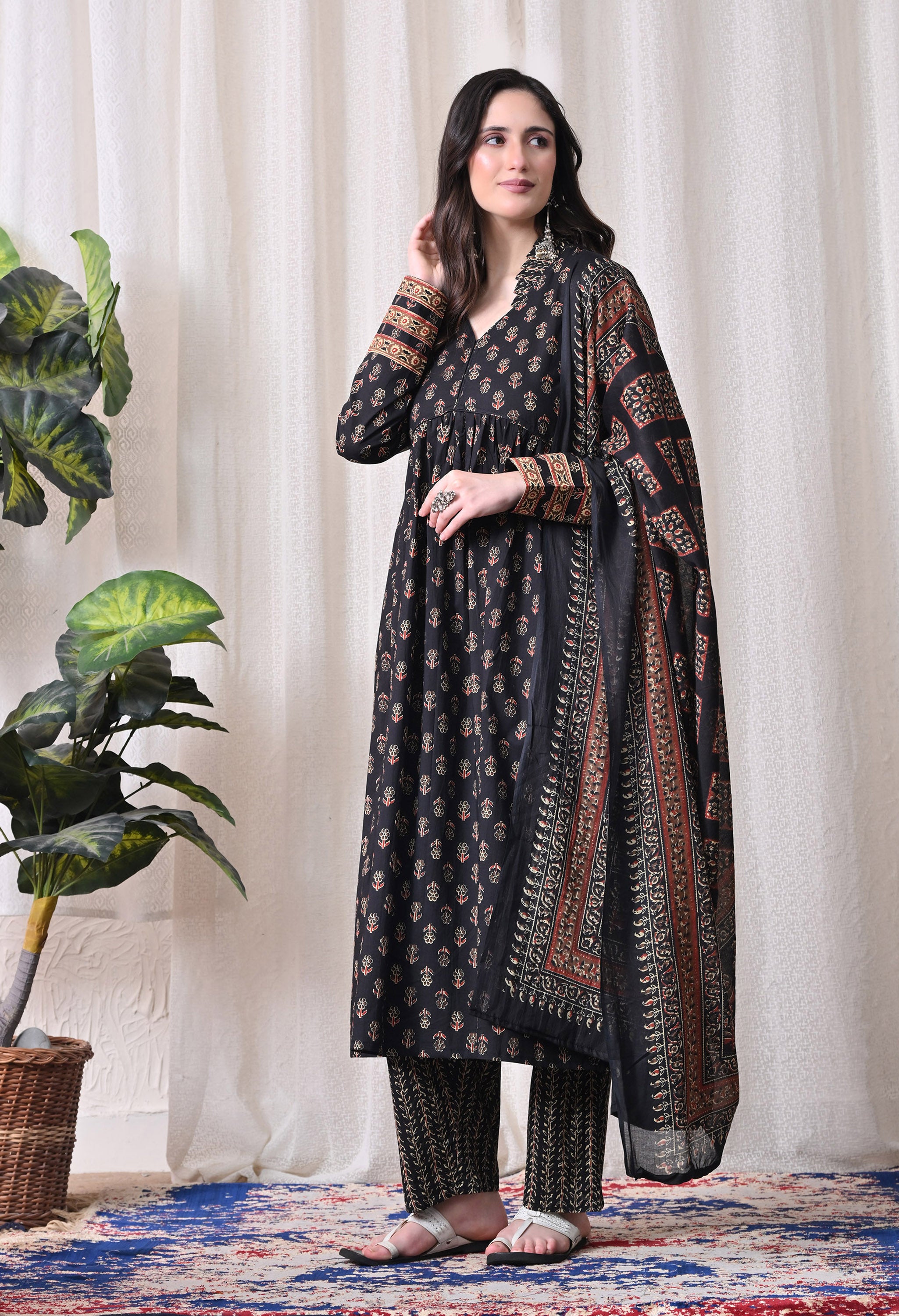 MEERA FAB Women Printed Regular Pure Cotton Anarkali Kurta with Palazzos & with Dupatta
