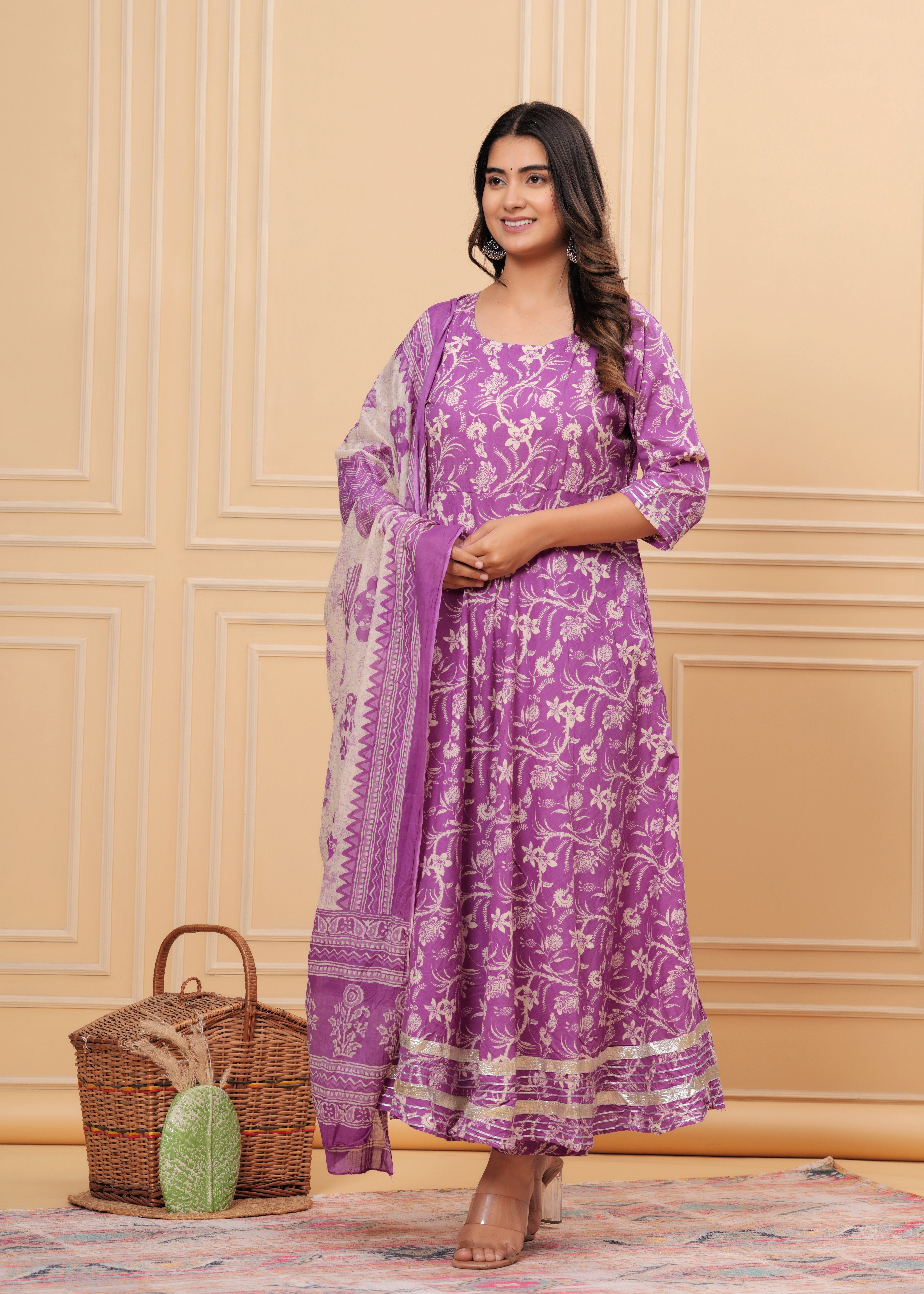 MEERA FAB Women's Cotton Printed Anarkali Kurta with Palazzo & Dupatta Set with Dori