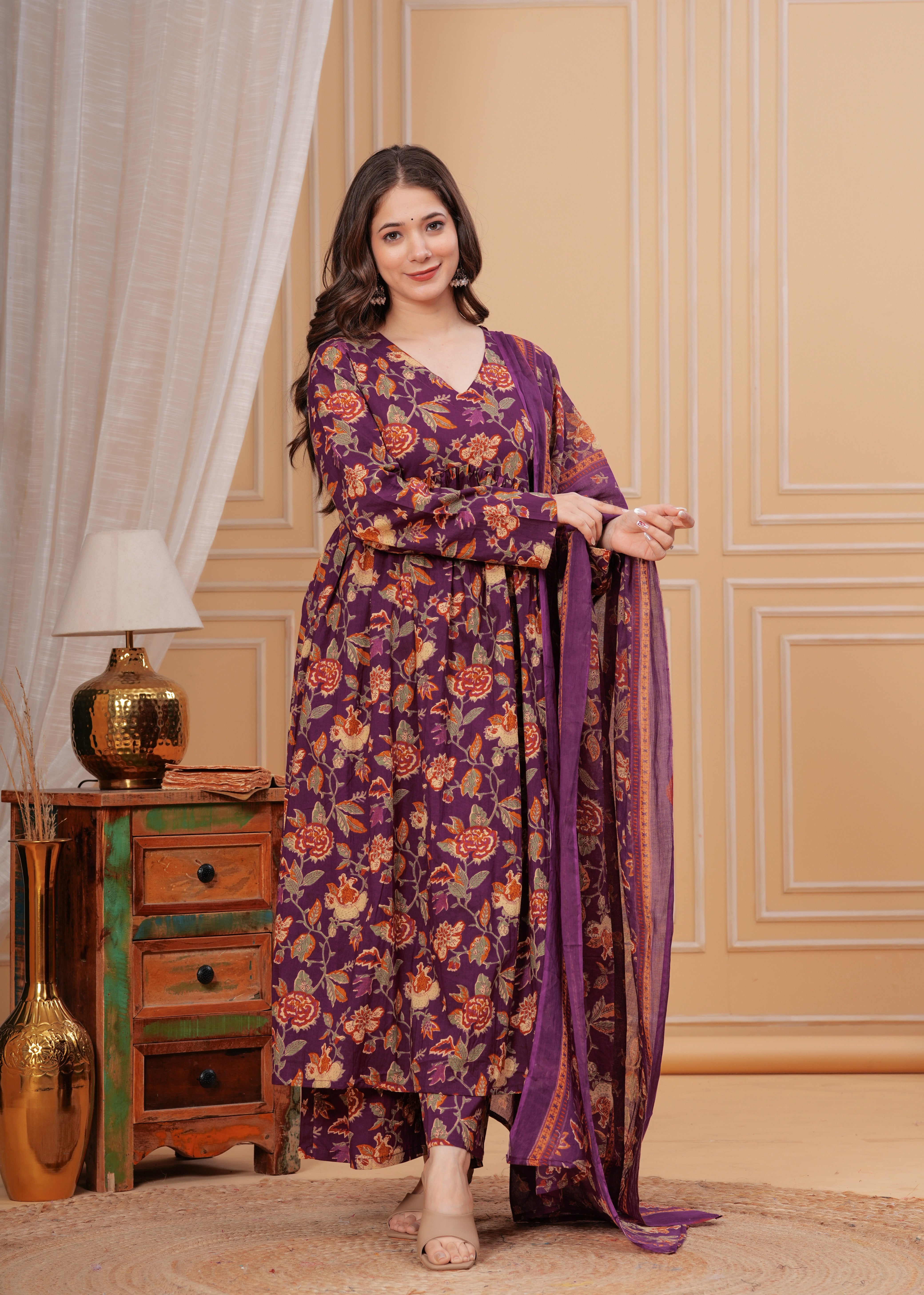 MEERA FAB Women's Cotton Blend V-Neck Anarkali Printed Kurta with Palazzo & Dupatta