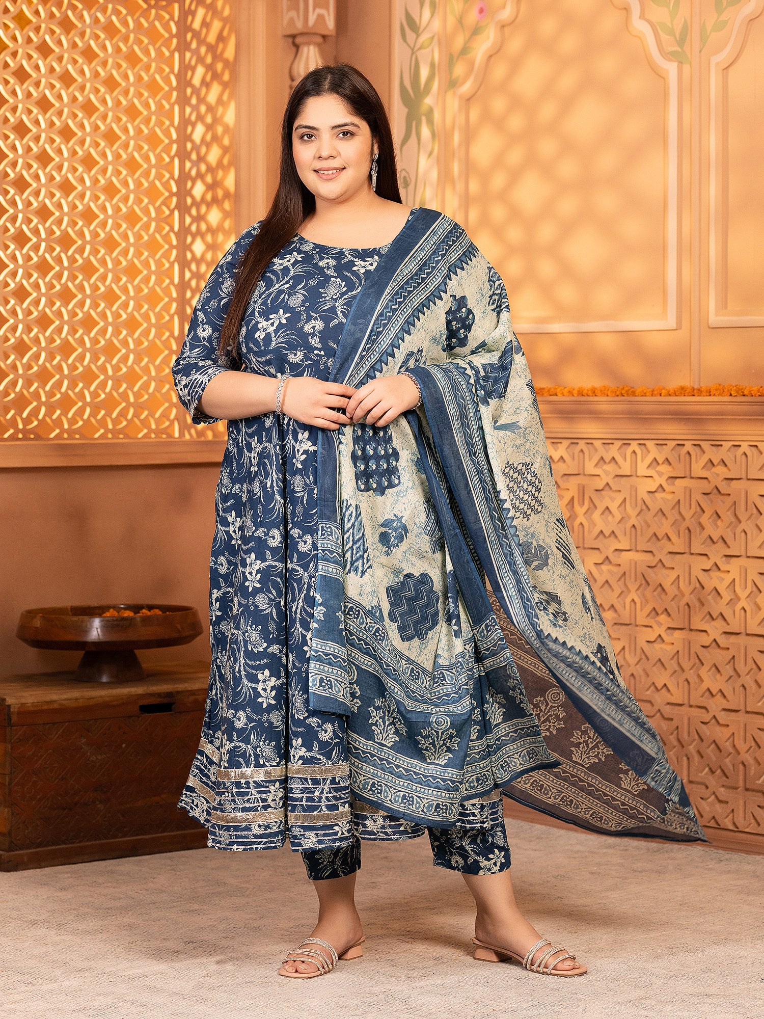 MEERA FAB Plus Size Women's Cotton Printed Anarkali Kurta with Palazzo & Dupatta Set with Dori