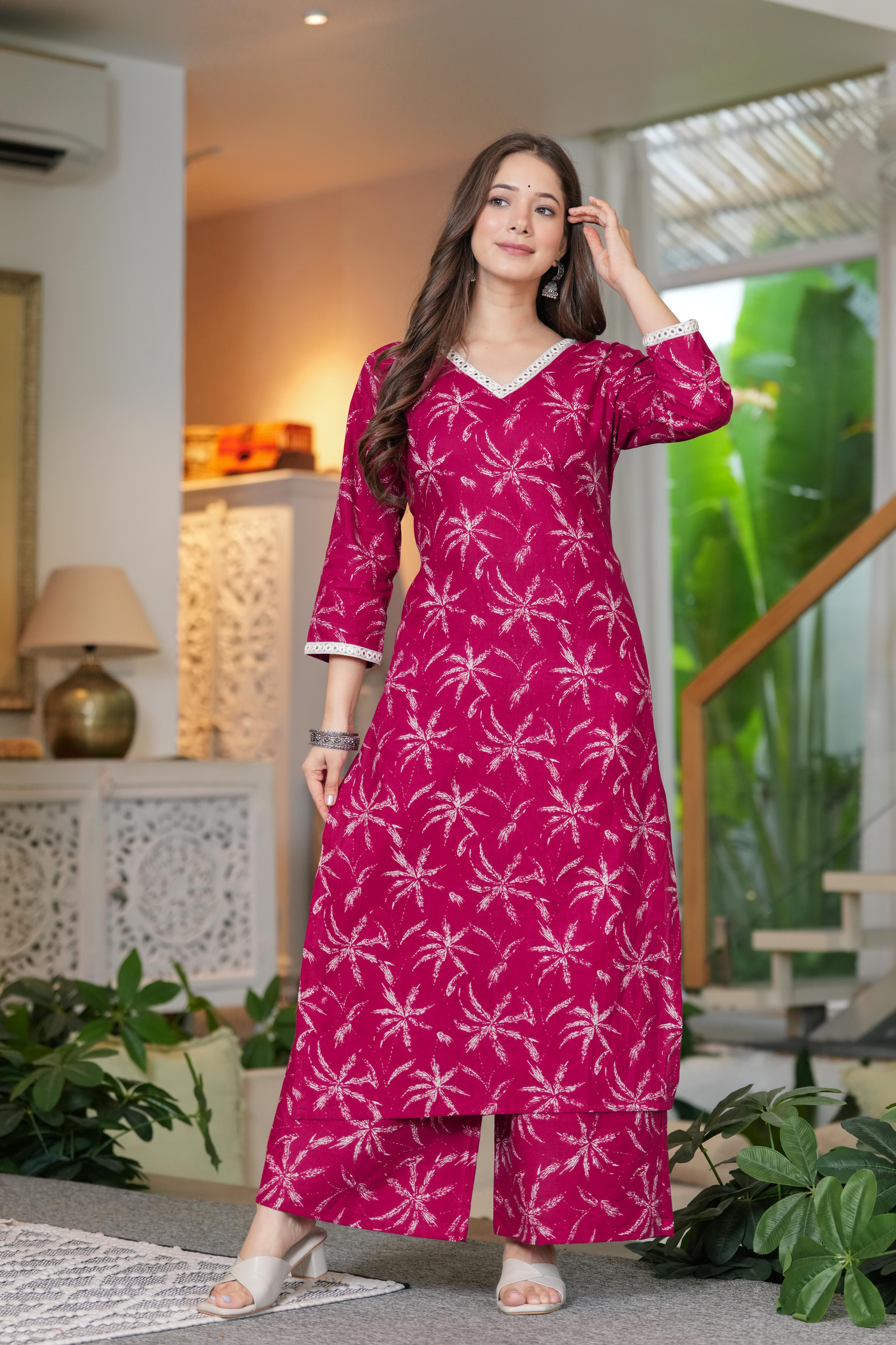 MEERA FAB Women Cotton Printed V-Neck Lace Kurta Palazzo Set