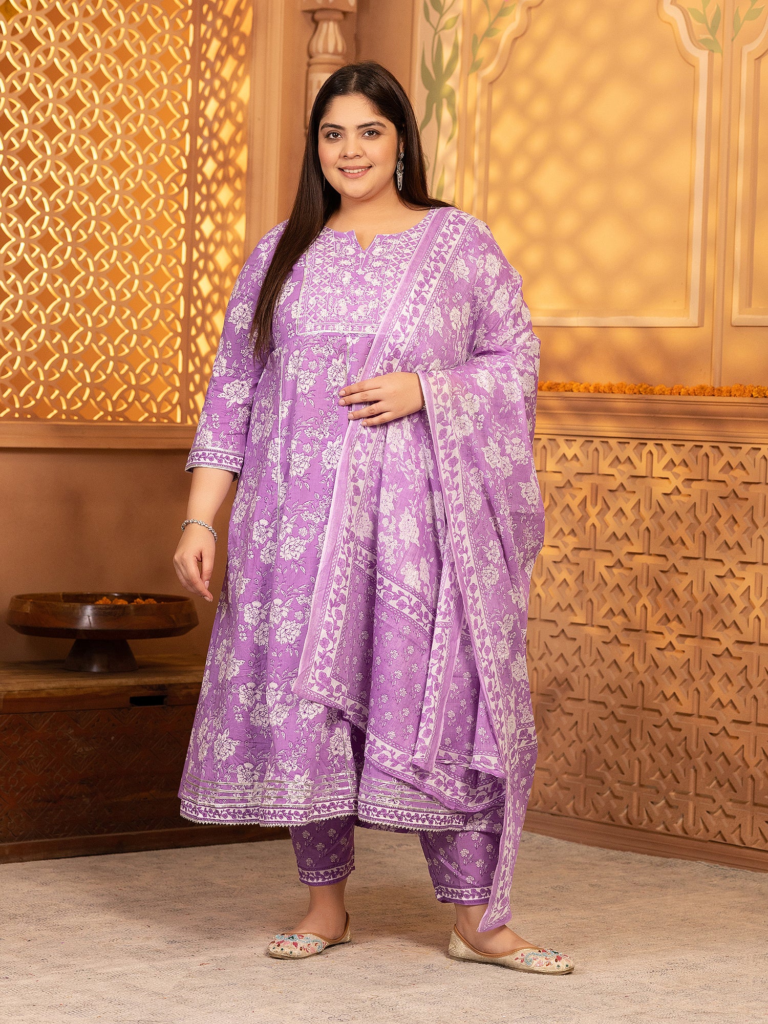 MEERA FAB Women's Pure Cotton Printed Anarkali Handwork Kurta with Palazzos & Dupatta