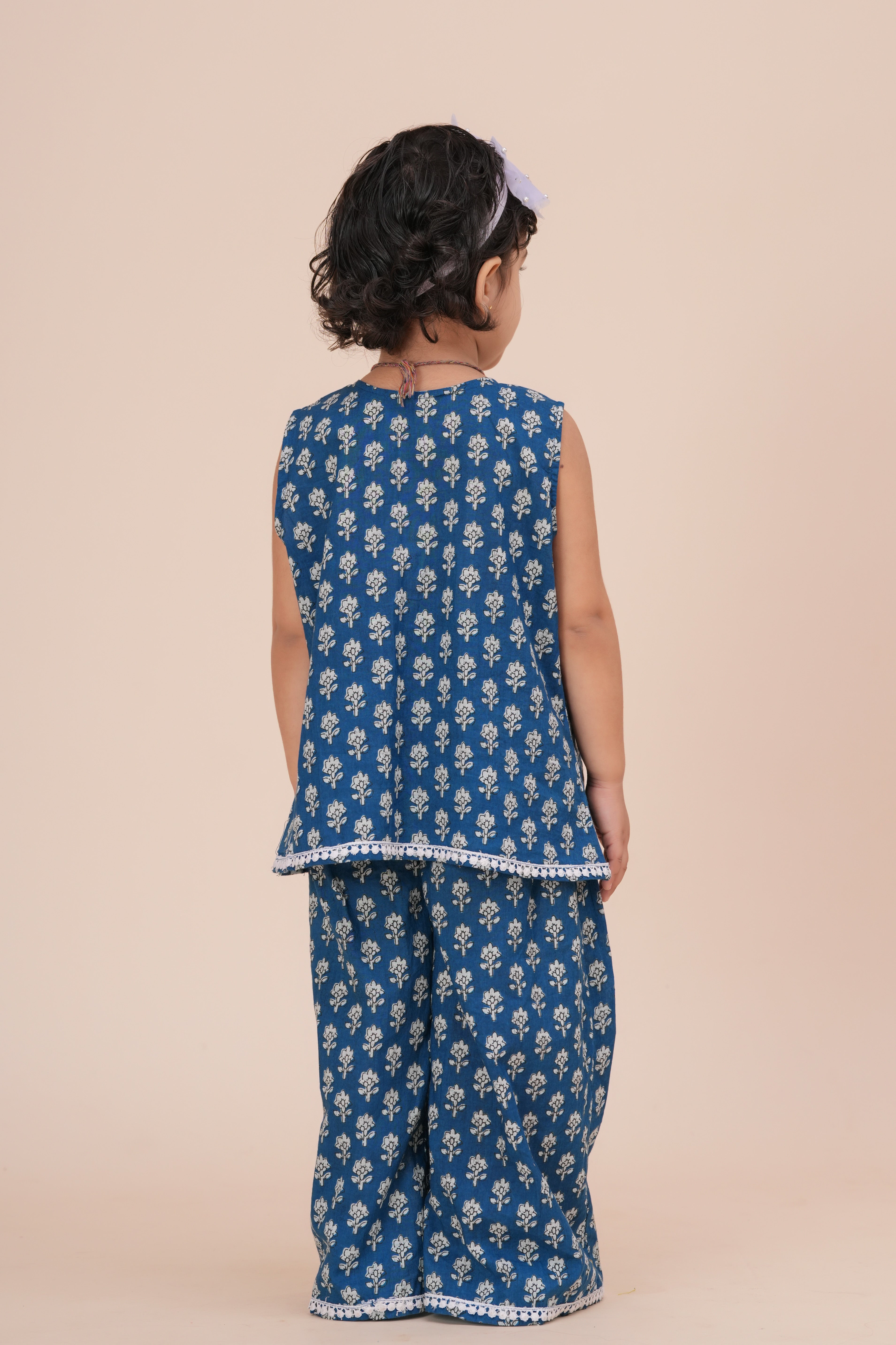Girls Kids Pure Cotton Sleeveless Top with Palazzo Pant | Printed Co-Ord Set for Girls | Party, Festive,and Casual Wear (Blue)