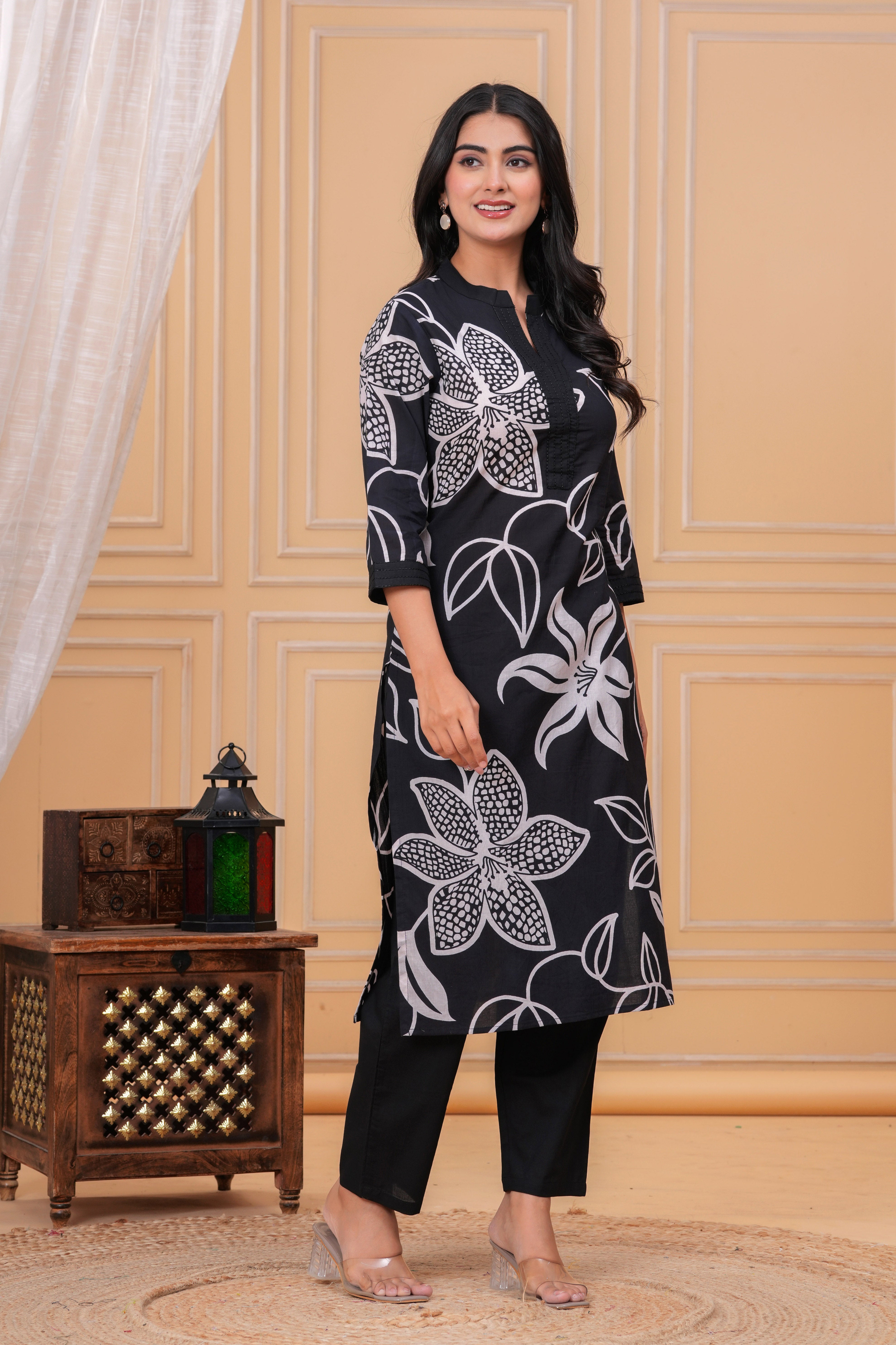MEERA FAB Women's Pure Cotton Printed Ethnic Wear Straight Kurta Set with Palazzo Pants