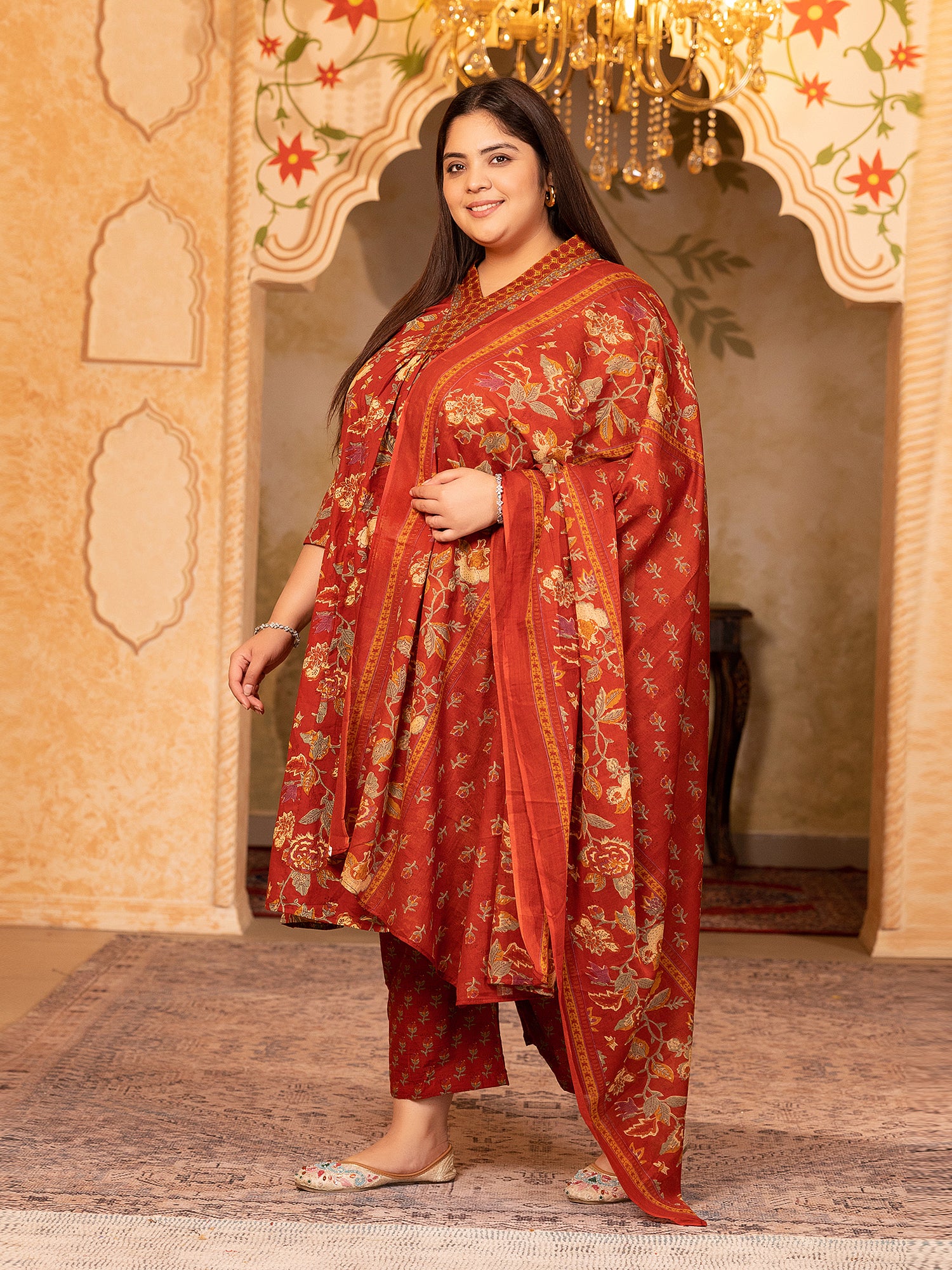 MEERA FAB Women's Cotton Blend V-Neck Plus Size Kurta Printed Kurta with Palazzo & Dupatta Set
