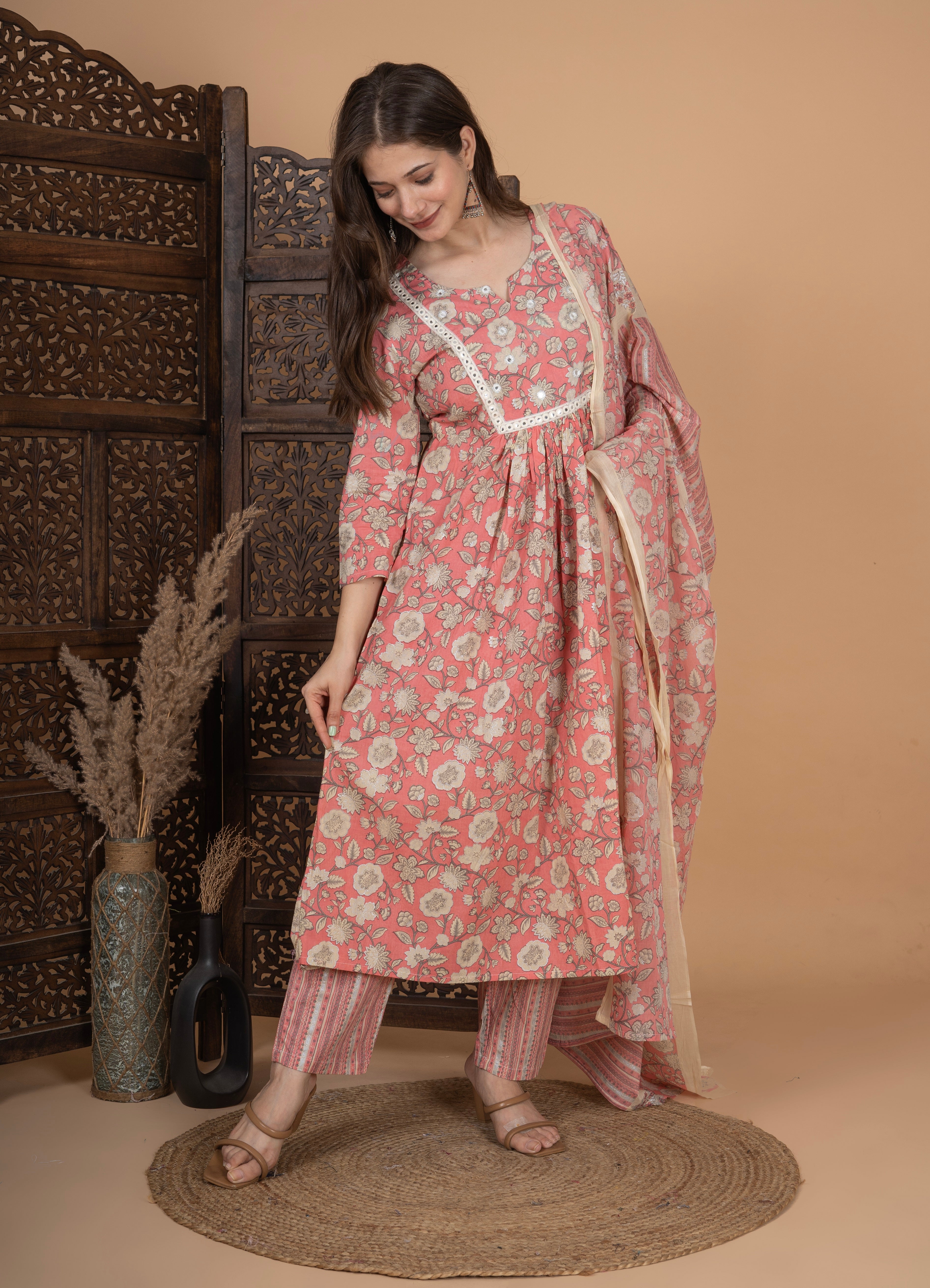 MEERA FAB Women's Cotton Printed Anarkali Kurta With Palazzo & Dupatta Set With Handwork
