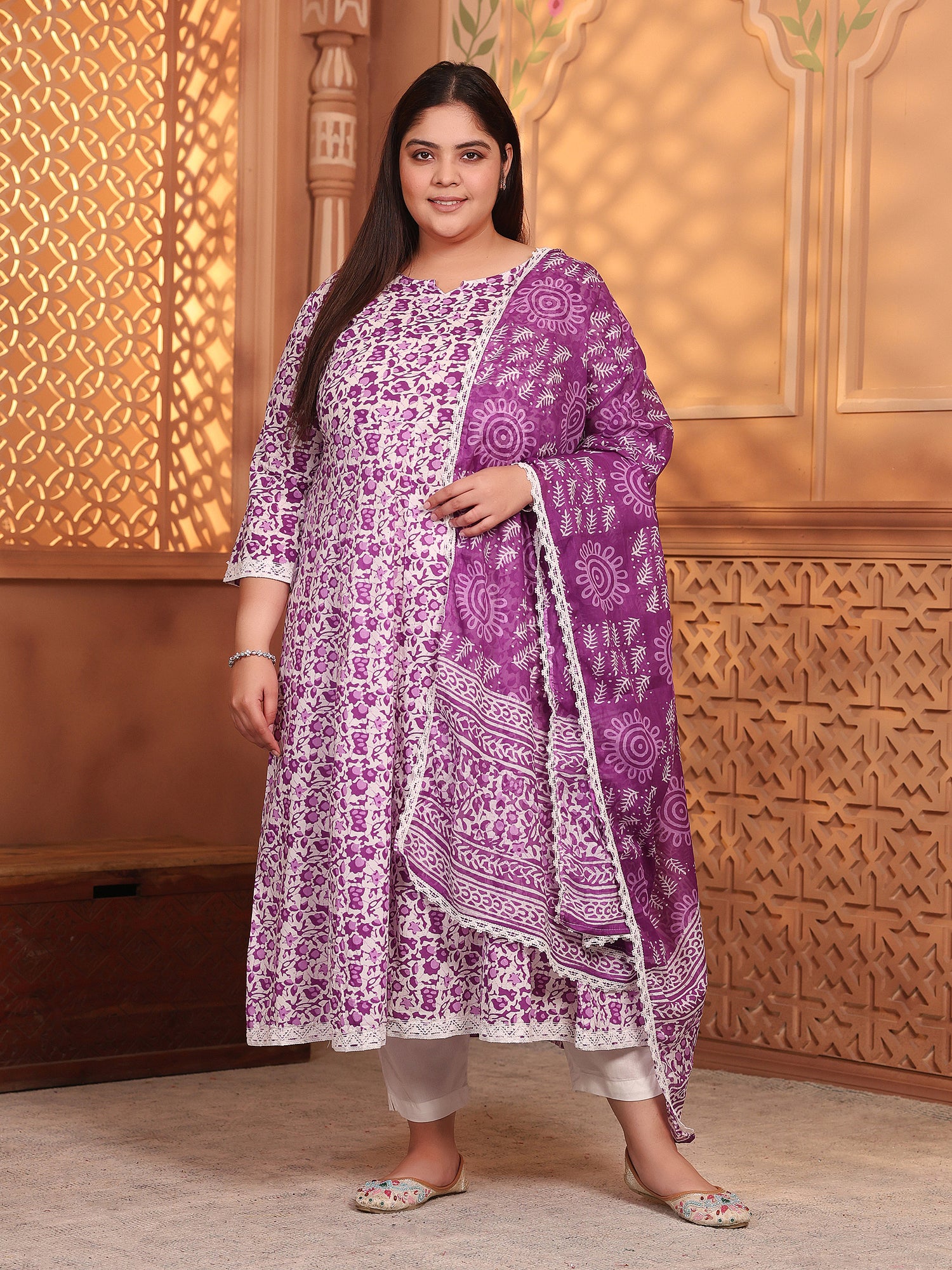MEERA FAB Women's Pure Cotton Printed Anarkali Kurta with Palazzos & Dupatta