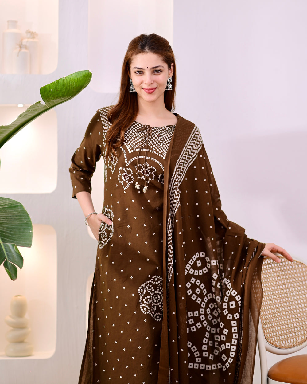 MEERA FAB Women's Pure Bandhej Cotton Straight Kurta Set with Palazzo Pants & Dupatta|Ethnic wear|Kurti Suit Set for Women