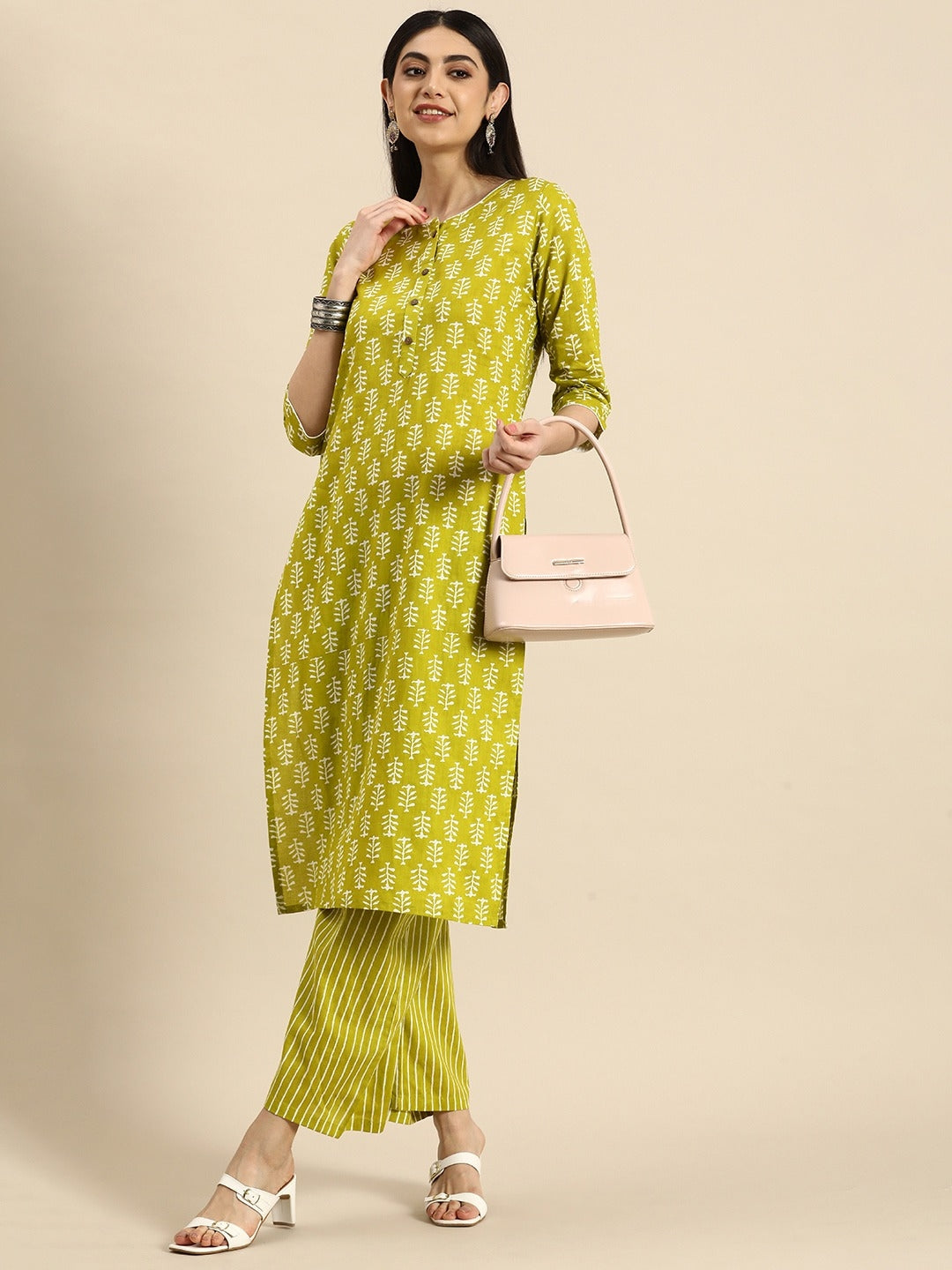 MEERA FAB Women's Cotton Printed Floral Straight Kurta with Palazzo