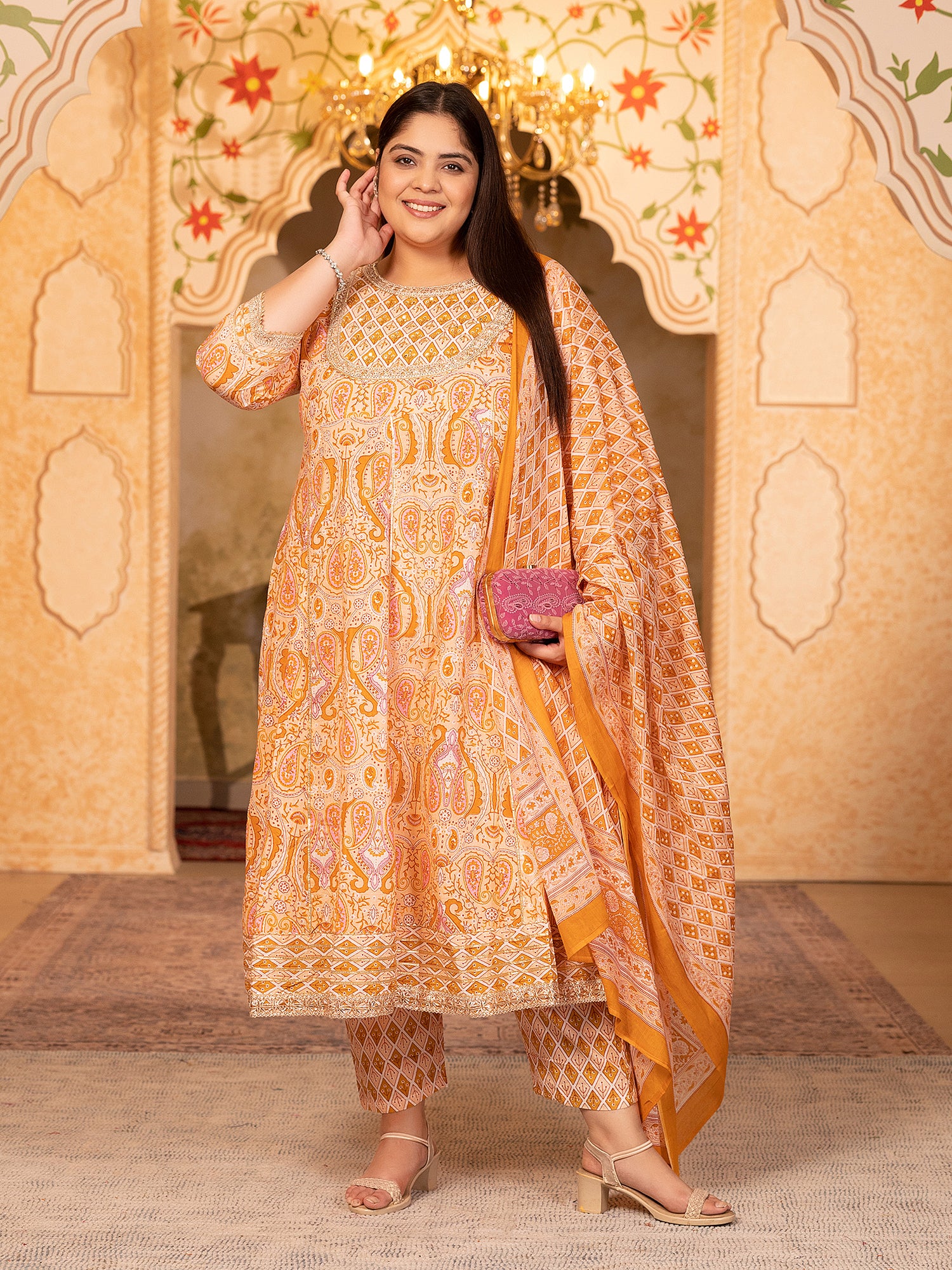 MEERA FAB Plus Size Printed Pure Cotton Anarkali Handwork Kurta with Palazzos & Dupatta