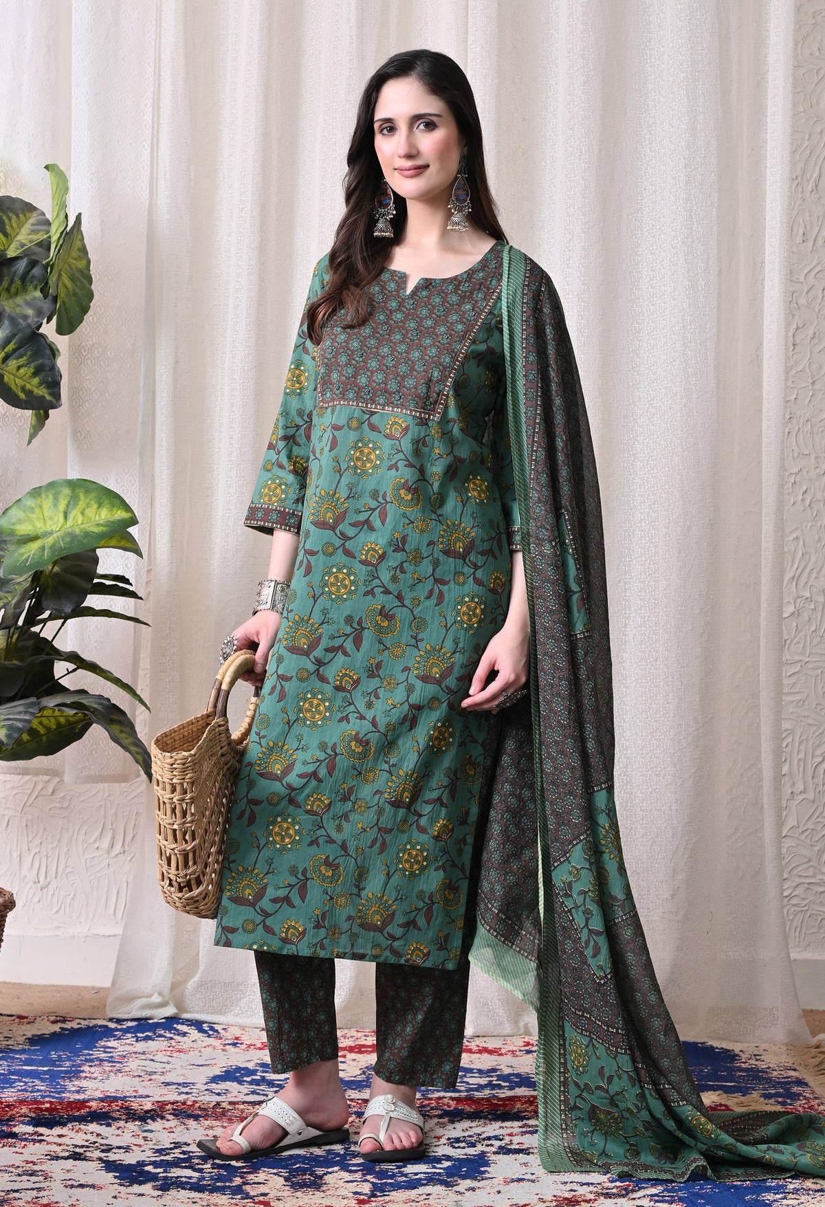 MEERA FAB Women Printed Regular Pure Cotton Straight Handwork Kurta with Palazzos & with Dupatta (Copy)