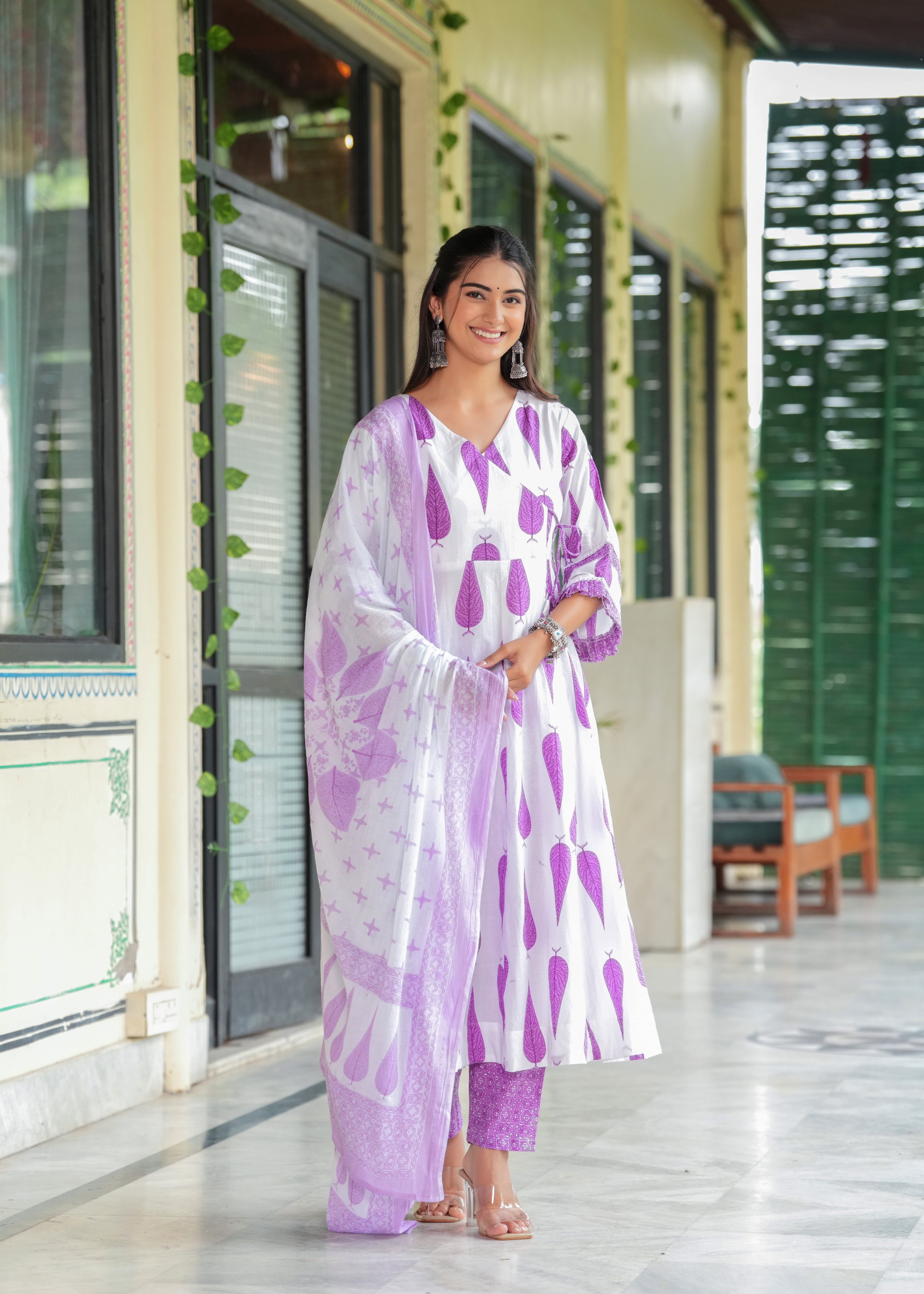 MEERA FAB Women's Cotton Blend Anarkali Printed Kurta with Palazzo & Dupatta