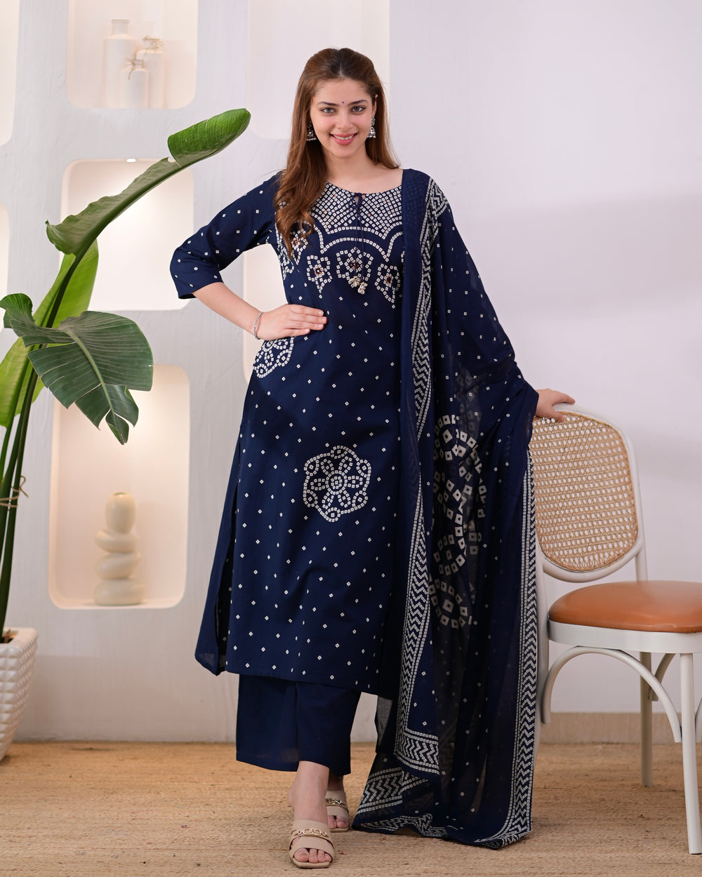 MEERA FAB Women's Pure Bandhej Cotton Straight Kurta Set with Palazzo Pants & Dupatta|Ethnic wear|Kurti Suit Set for Women