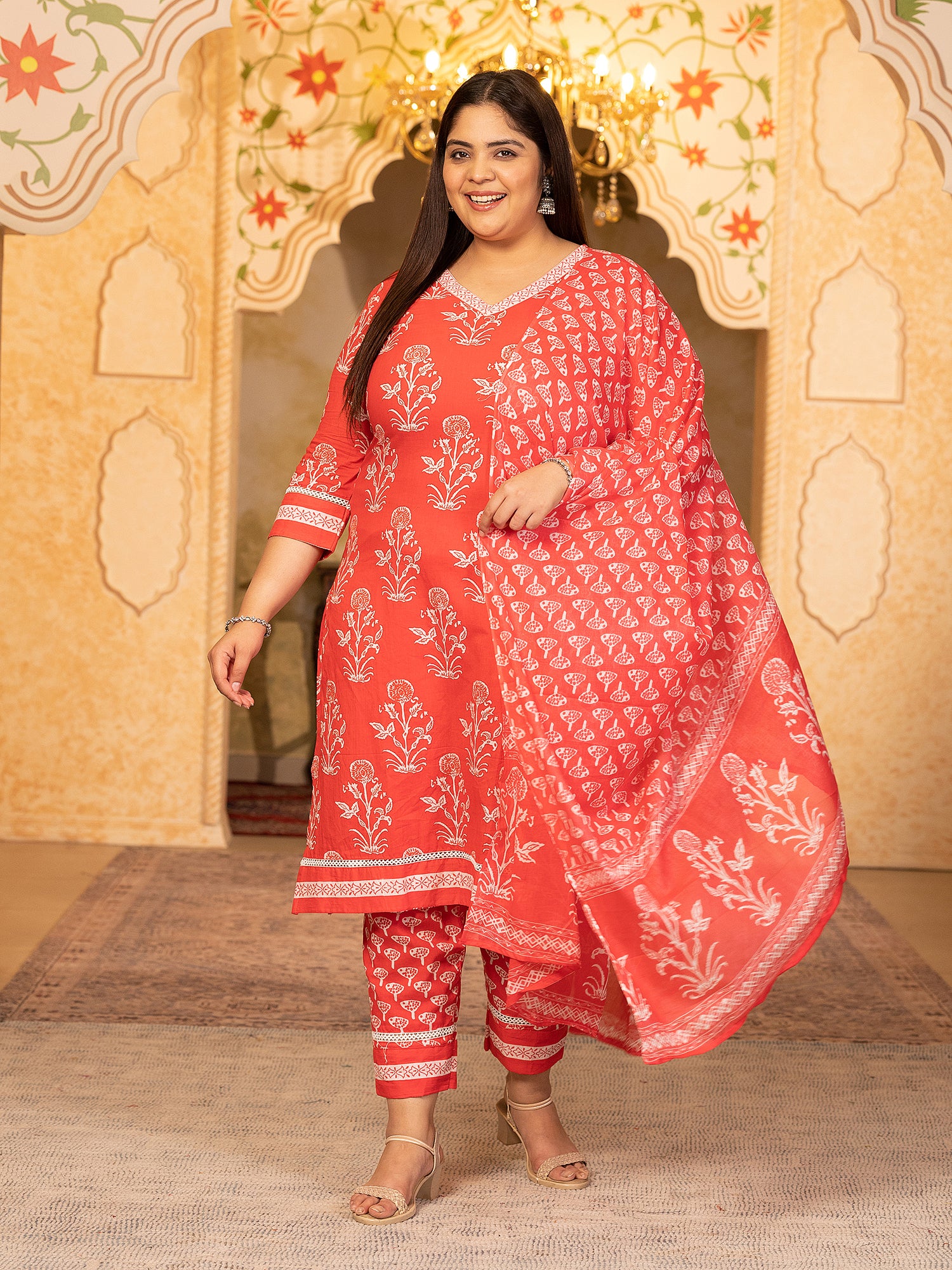 MEERA FAB Plus Size Women's Cotton Blend Straight Printed Kurta with Palazzo & Dupatta
