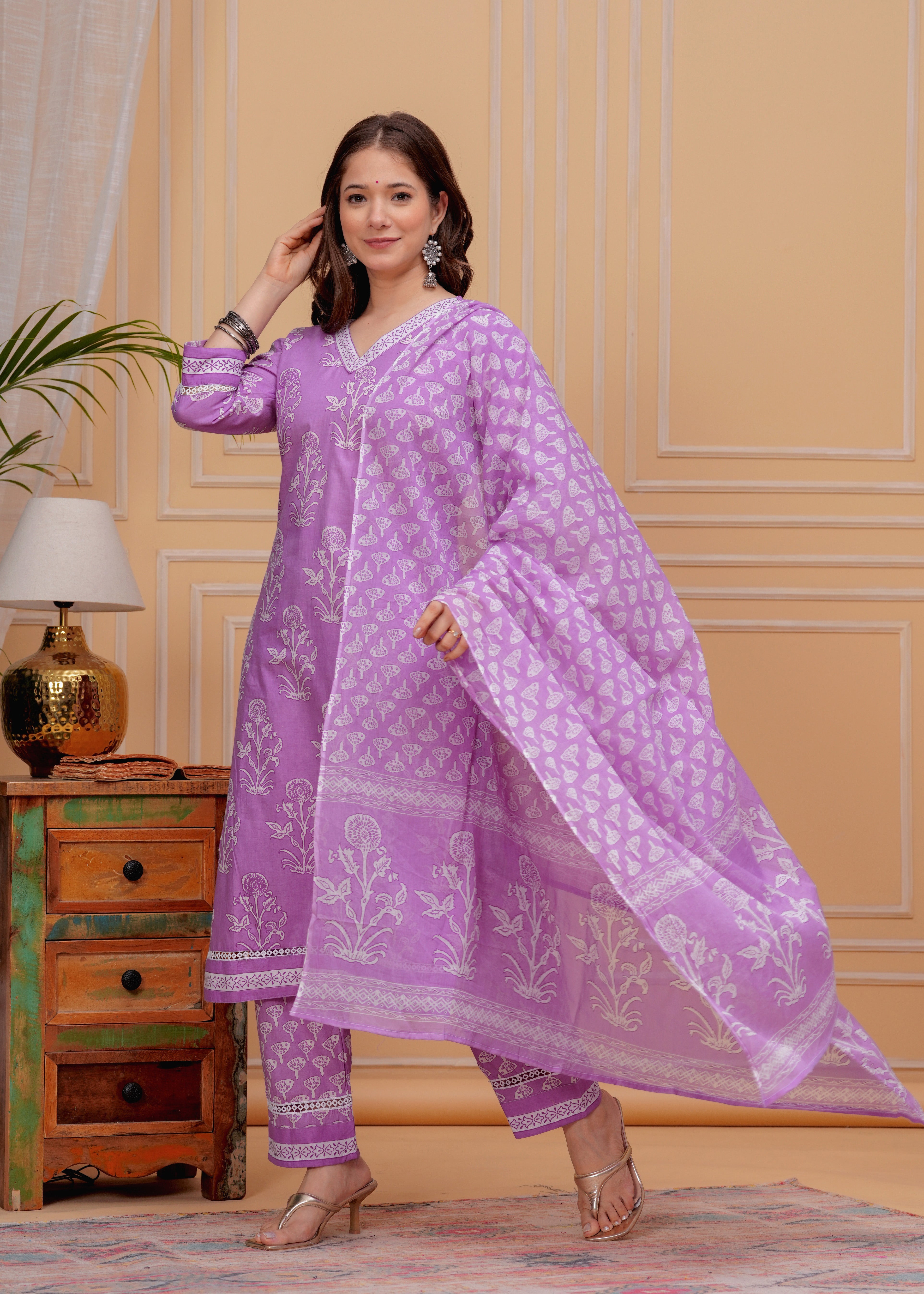 MEERA FAB Women's Cotton Blend Straight Printed Kurta with Palazzo & Dupatta