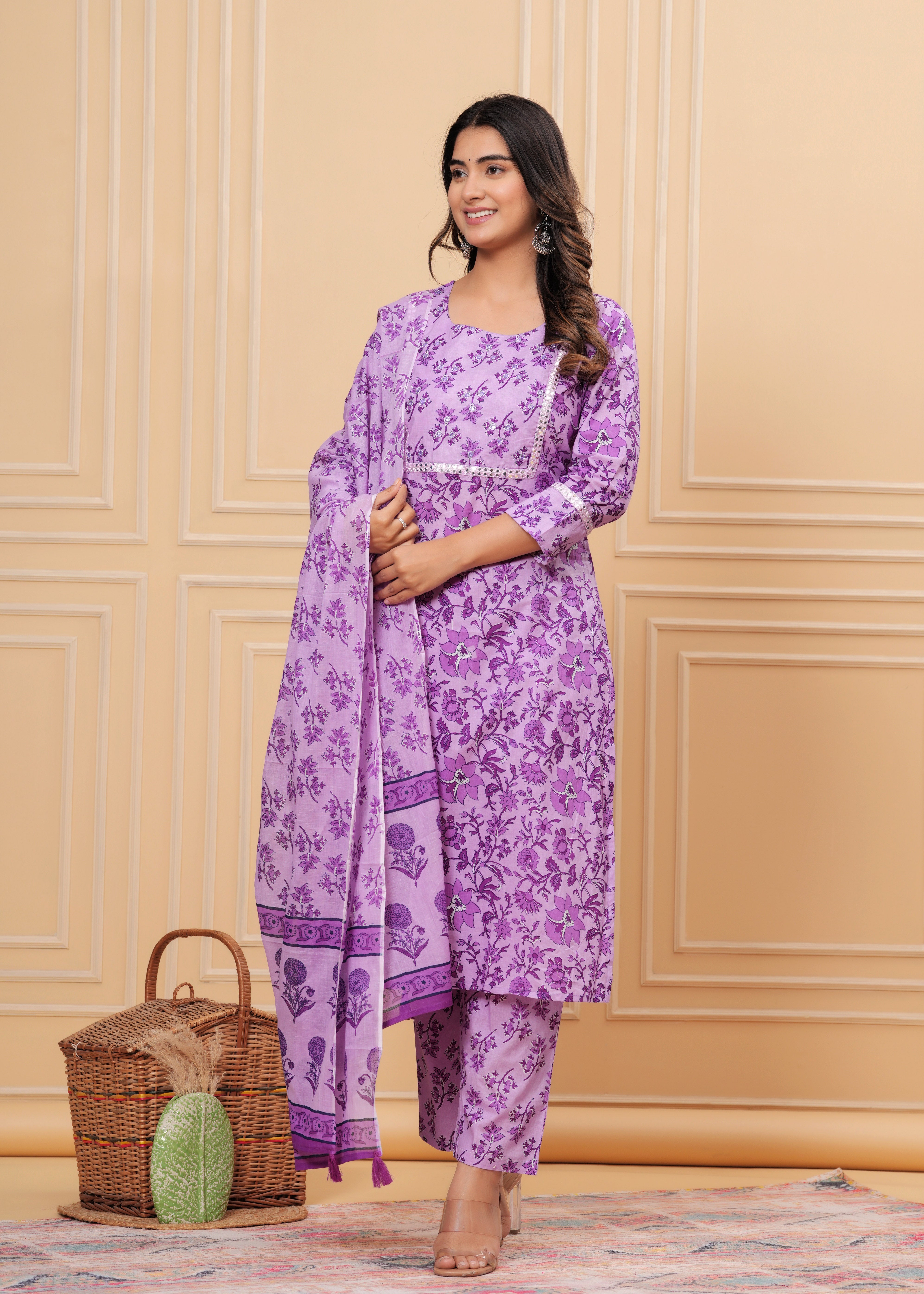 MEERA FAB Women's Cotton Printed Straight Kurta with Palazzo & Dupatta Set with Yoke
