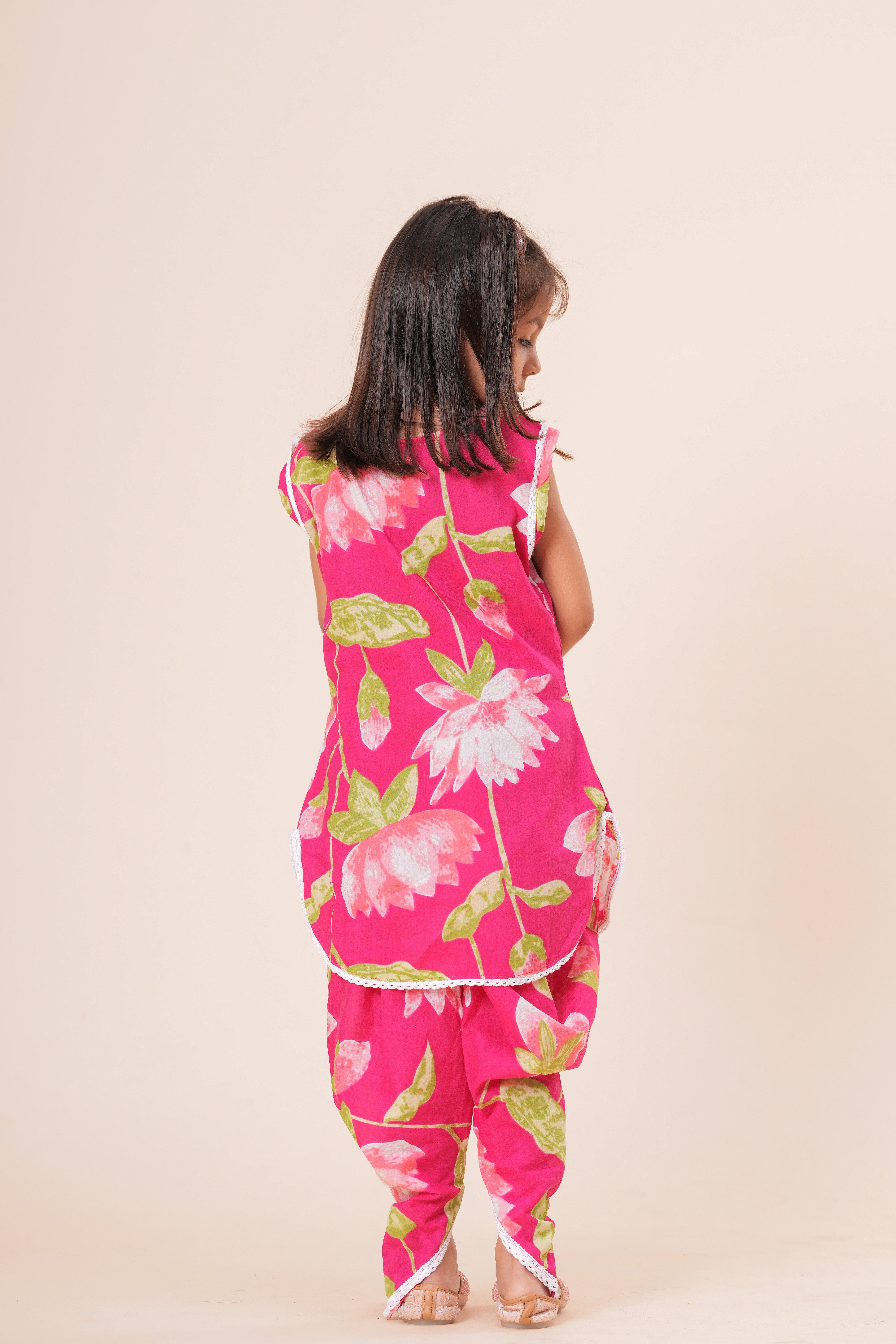 Girls Kids Pure Cotton Cut Sleeves Top with Dhoti Pant Set | Floral Printed Top and Bottom Outfit | Traditional Ethnic Co-Ord Set