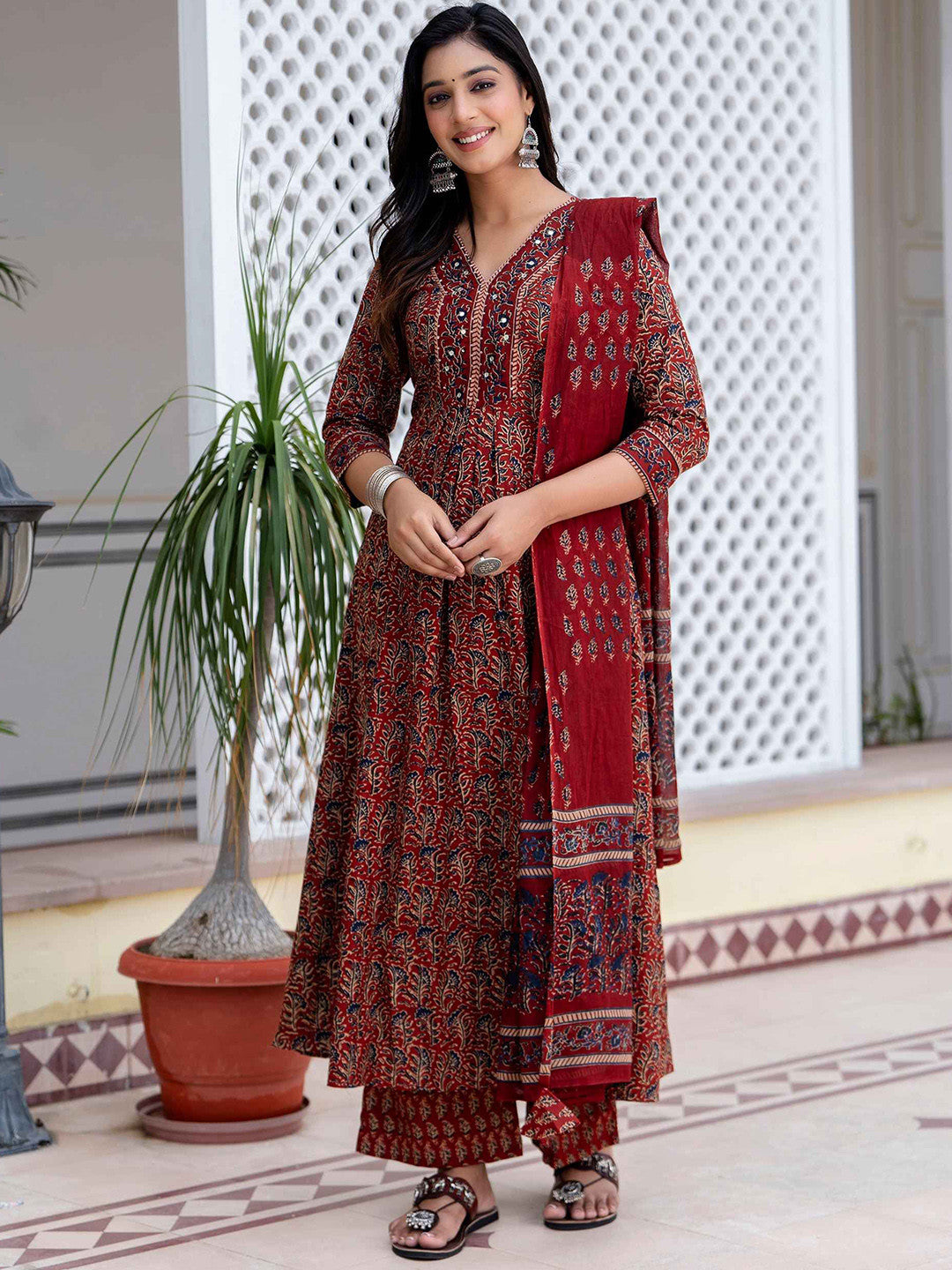 MEERA FAB Floral Printed Sequined Cotton Anarkali Kurta With Palazzos & Dupatta | Sanganeri Print