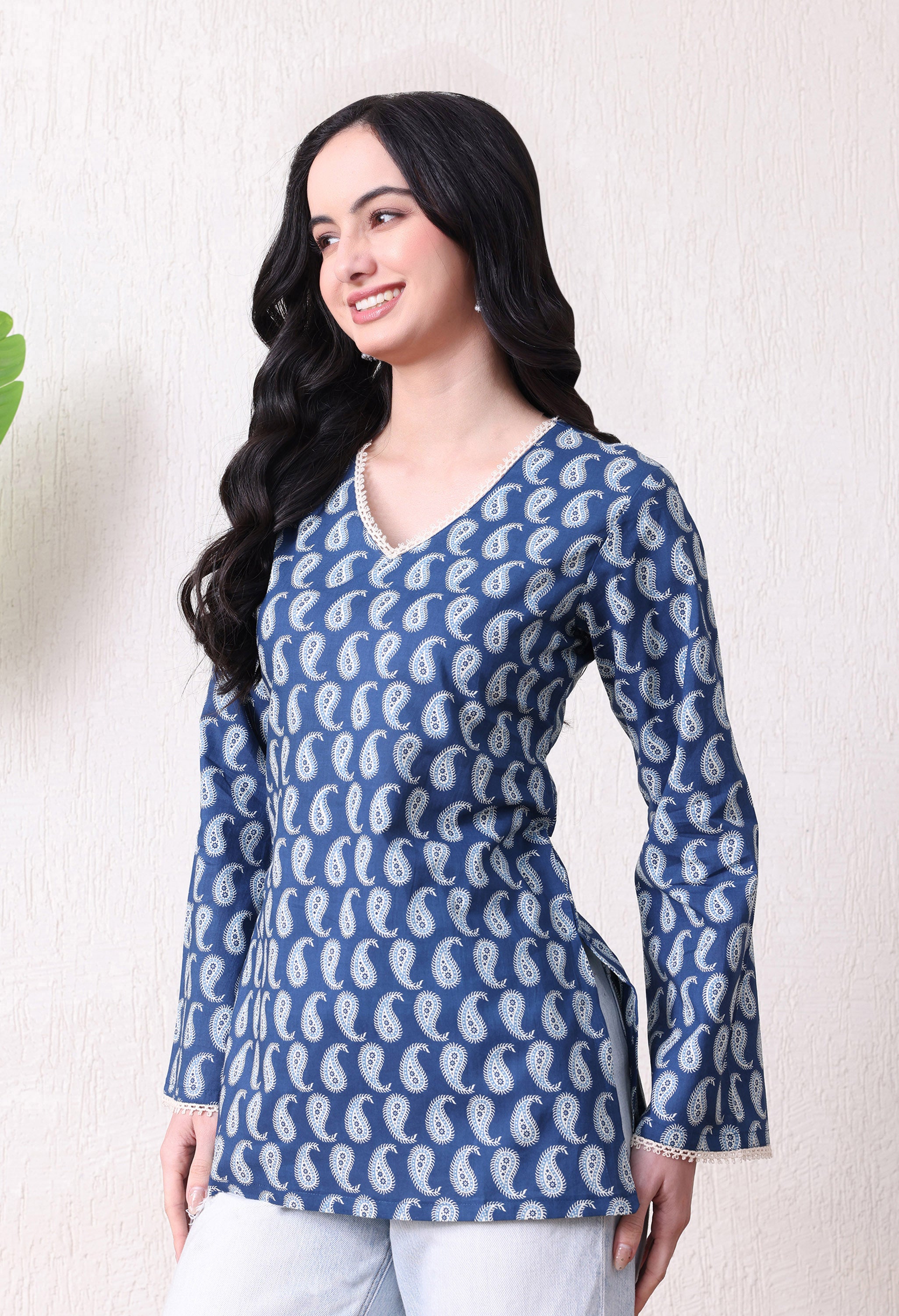 MEERA FAB Women's Floral Printed Cotton Short Top | Sanganeri Printed Top Full Sleeves | Short Kurti for Women