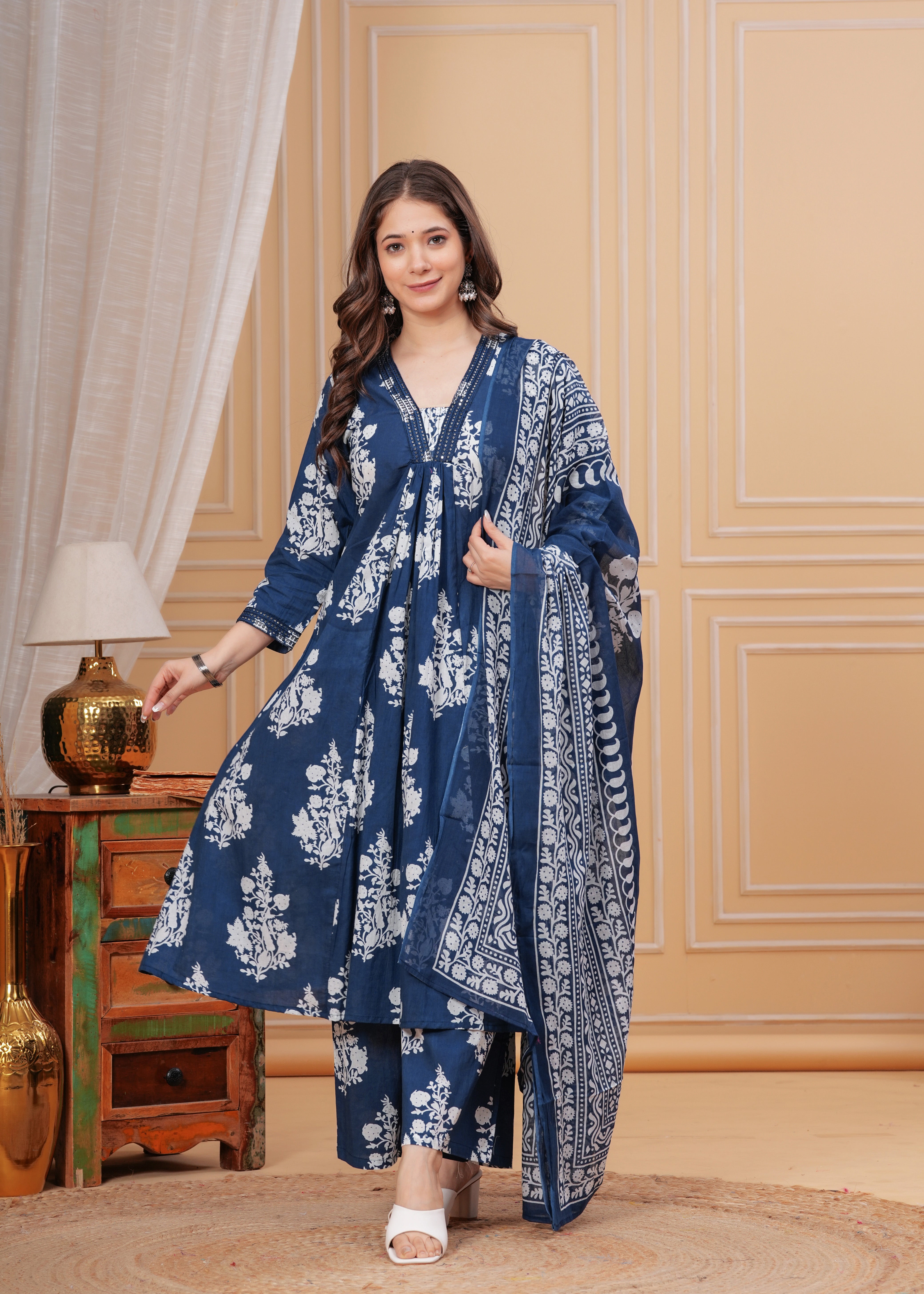 MEERA FAB Women's Cotton Blend V-Neck Anarkali Embrodriery Kurta with Palazzo & Dupatta