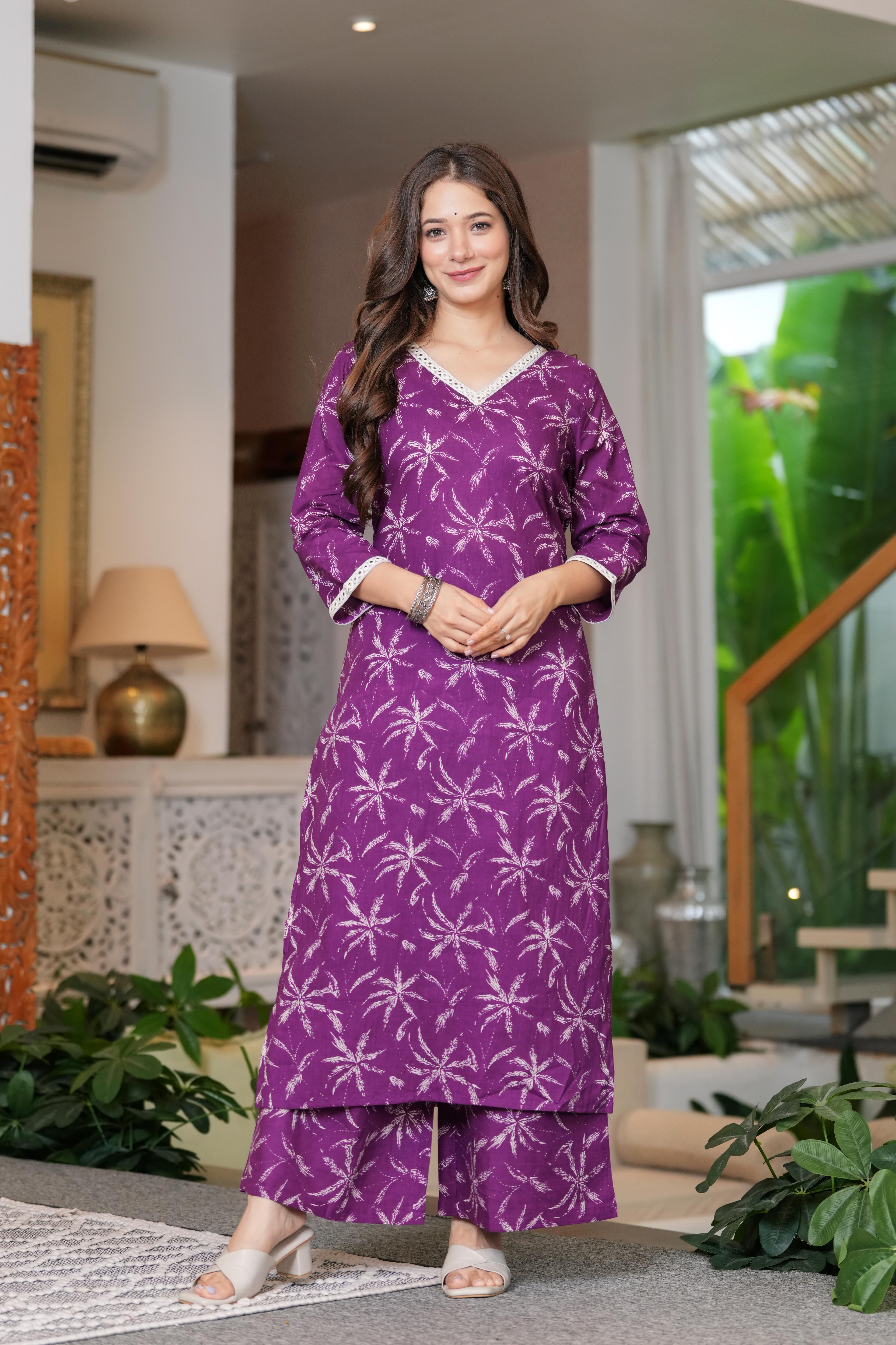 MEERA FAB Women Cotton Printed V-Neck Lace Kurta Palazzo Set
