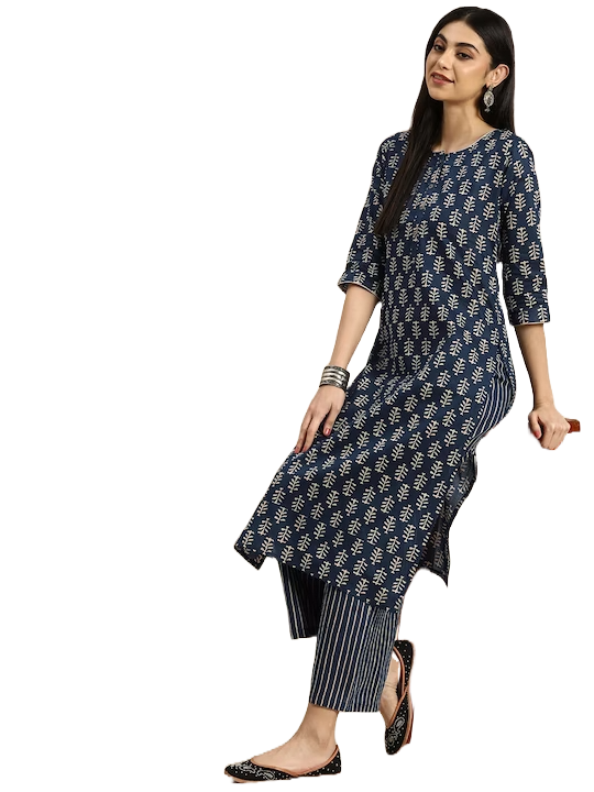 MEERA FAB Women's Cotton Printed Floral Straight Kurta with Palazzo