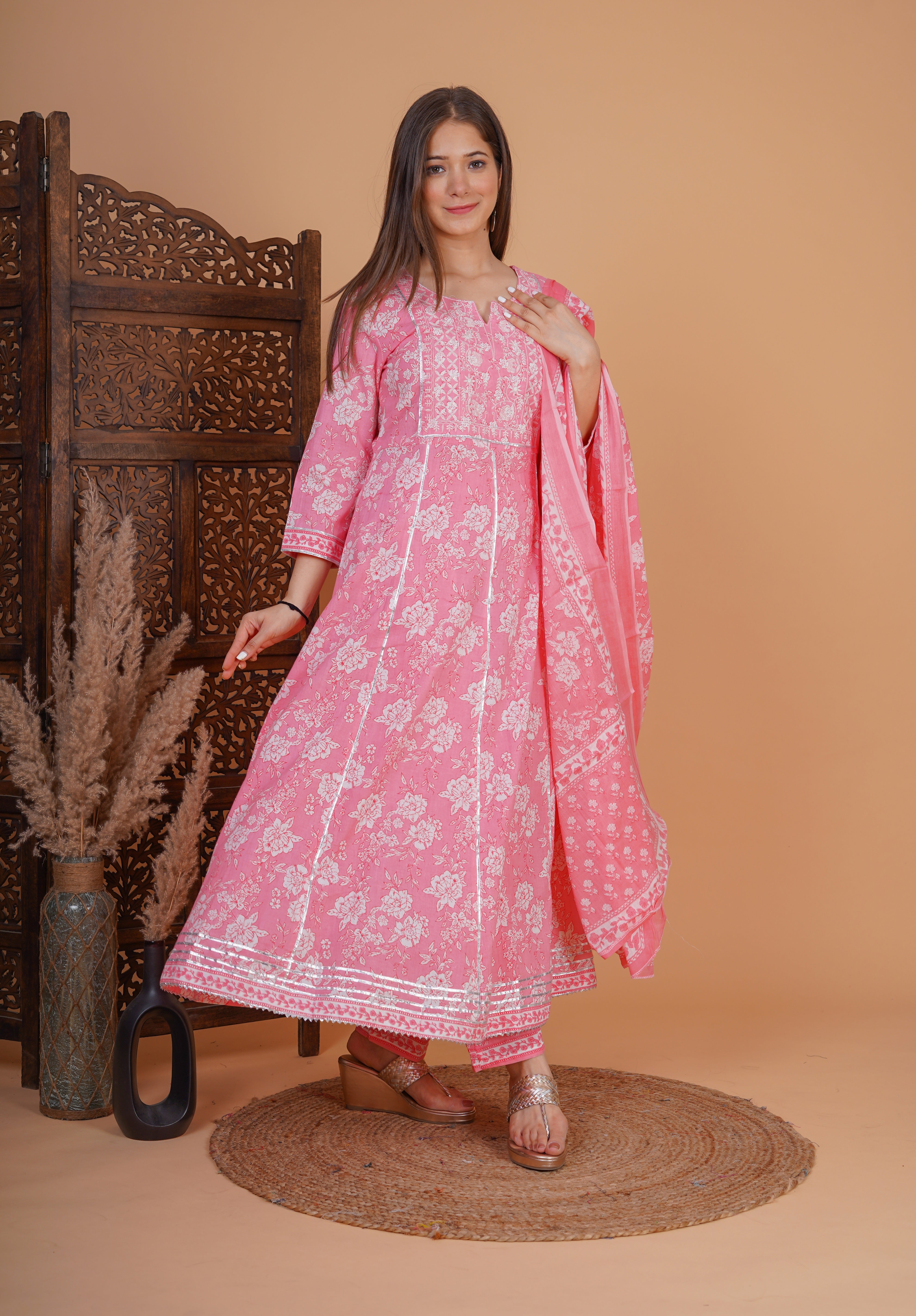 MEERA FAB Women's Cotton Printed Embrodriery Anarkali Kurta With Palazzo & Dupatta Set