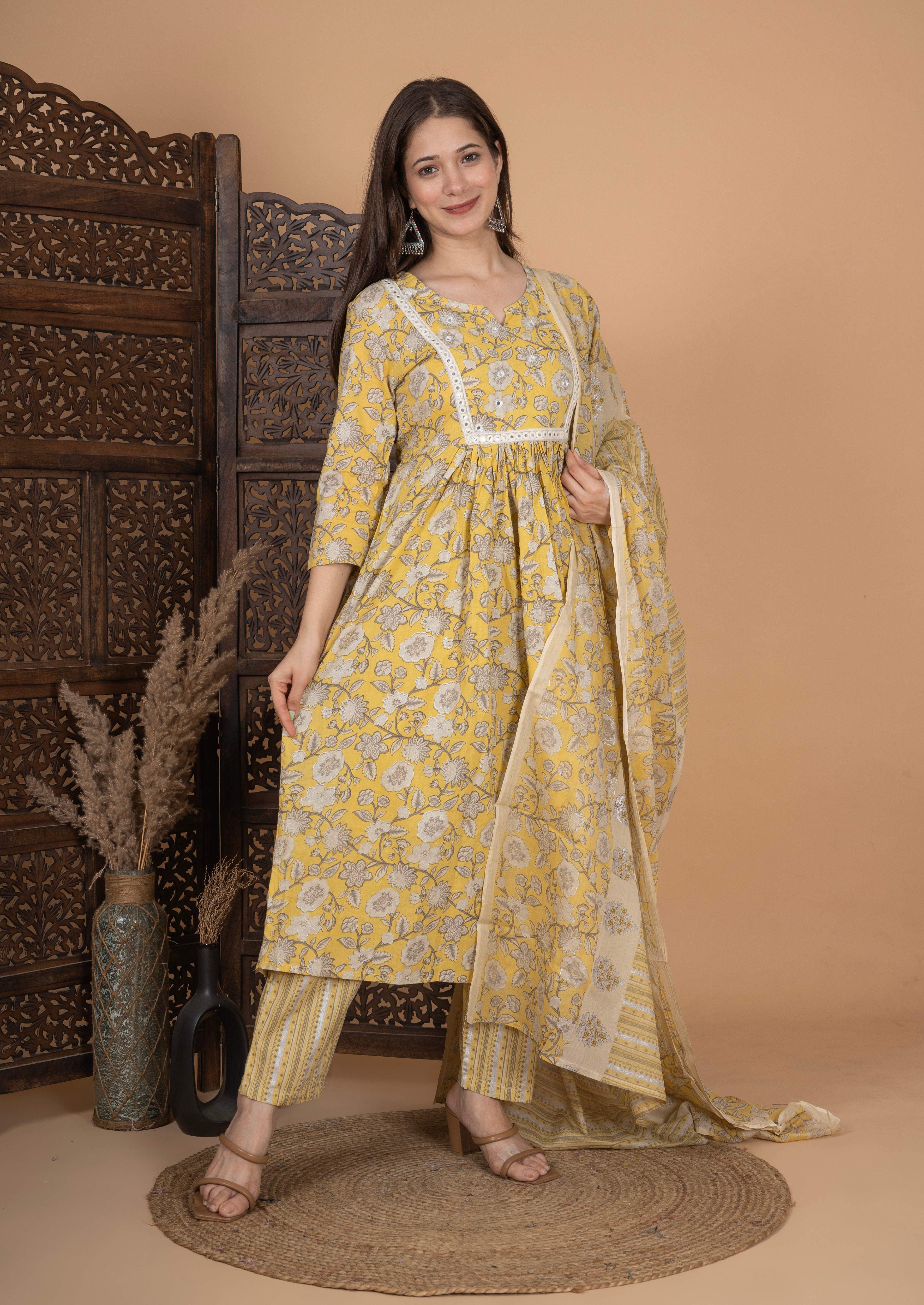 MEERA FAB Women's Cotton Printed Anarkali Kurta With Palazzo & Dupatta Set With Handwork