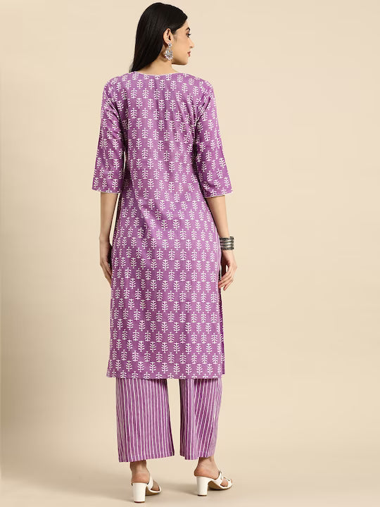 MEERA FAB Women's Cotton Printed Floral Straight Kurta with Palazzo