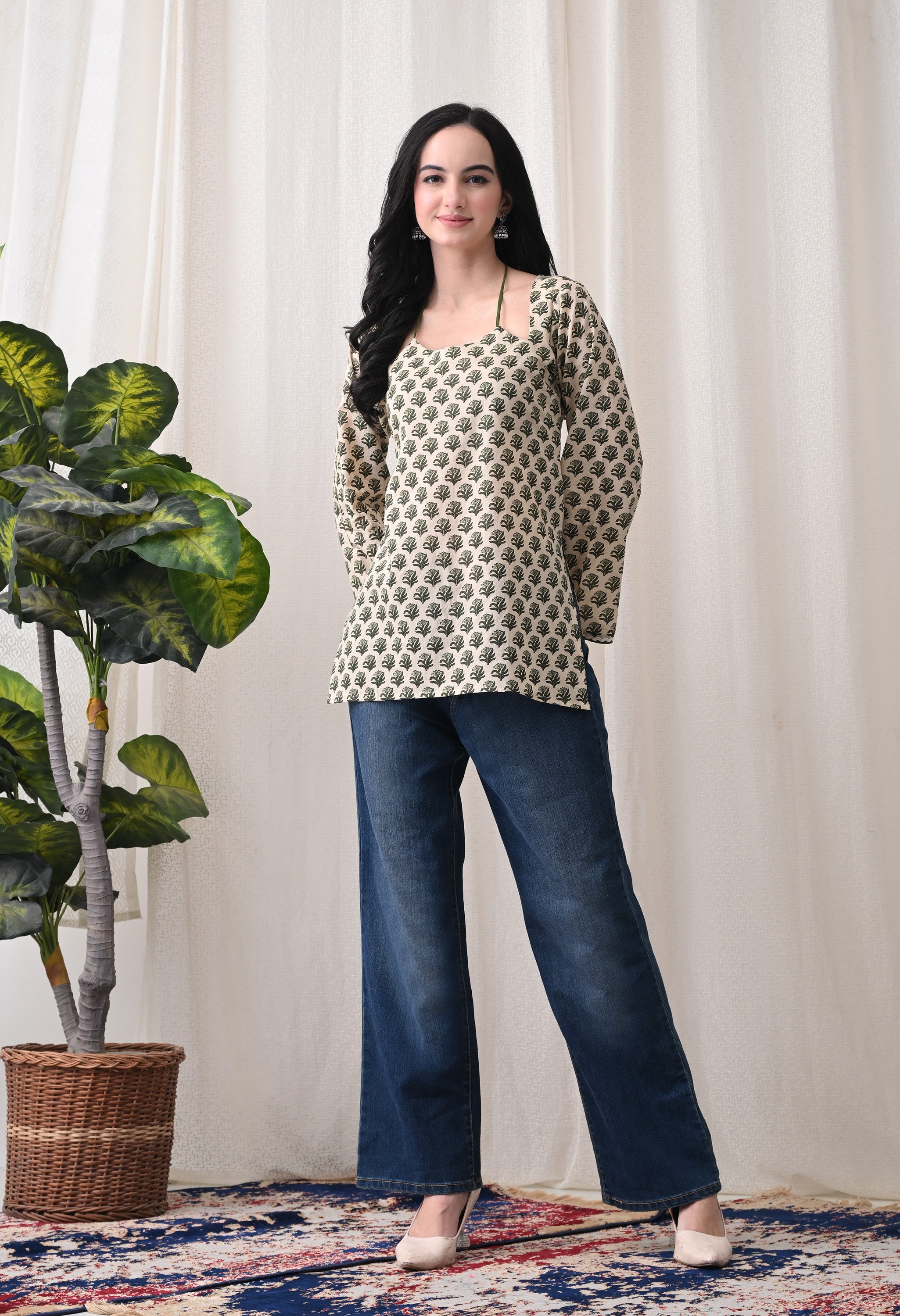 MEERA FAB Women Cotton Printed A-Line Tunic Top with Square Neck | Floral Printed Halter Strap Detail & Bell Sleeves | Short Kurti for Women