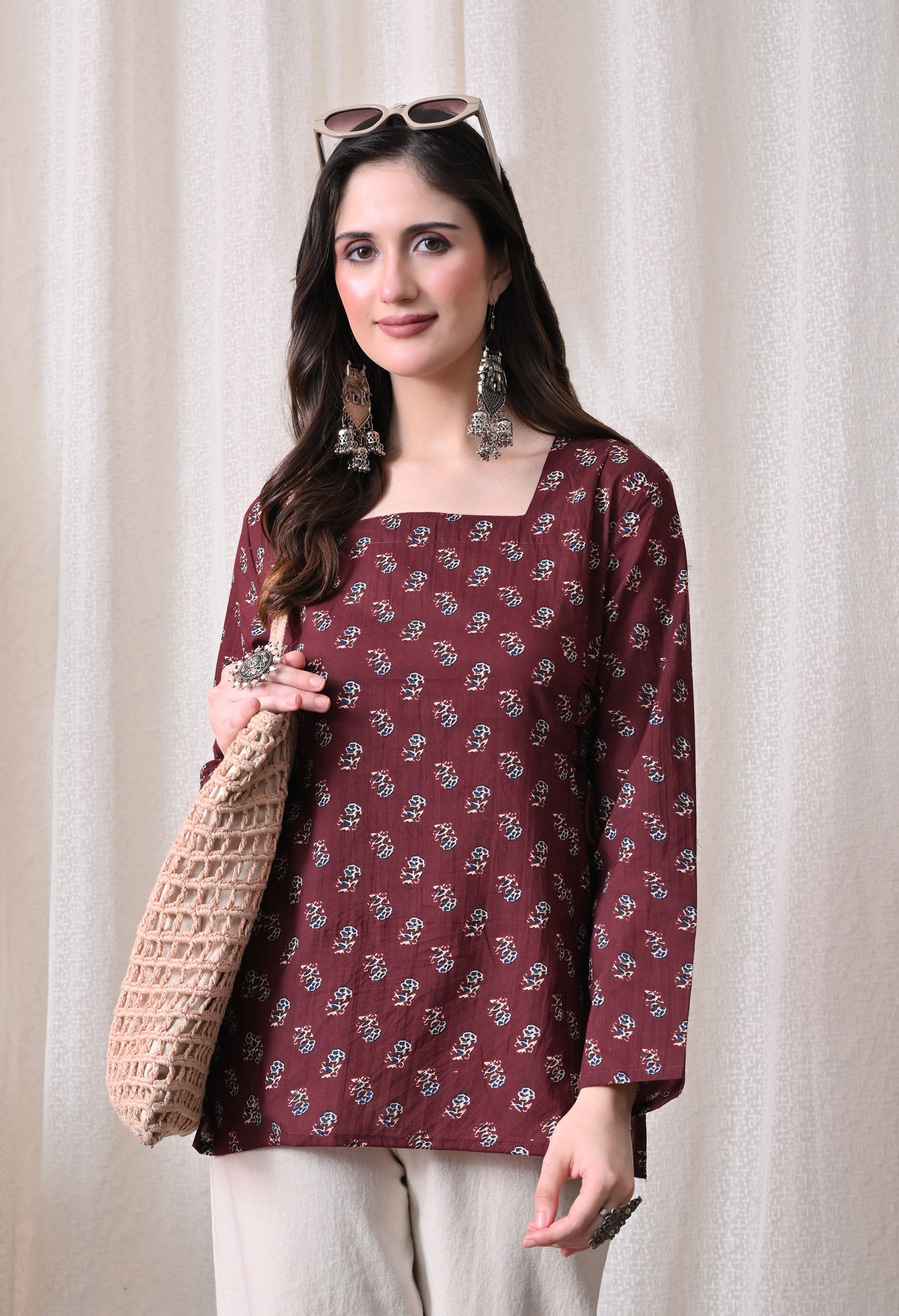 MEERA FAB Women's Floral Printed Cotton Short Kurta Square Neck | Floral Printed Kurta with Full Sleeves | Short Kurti for Women