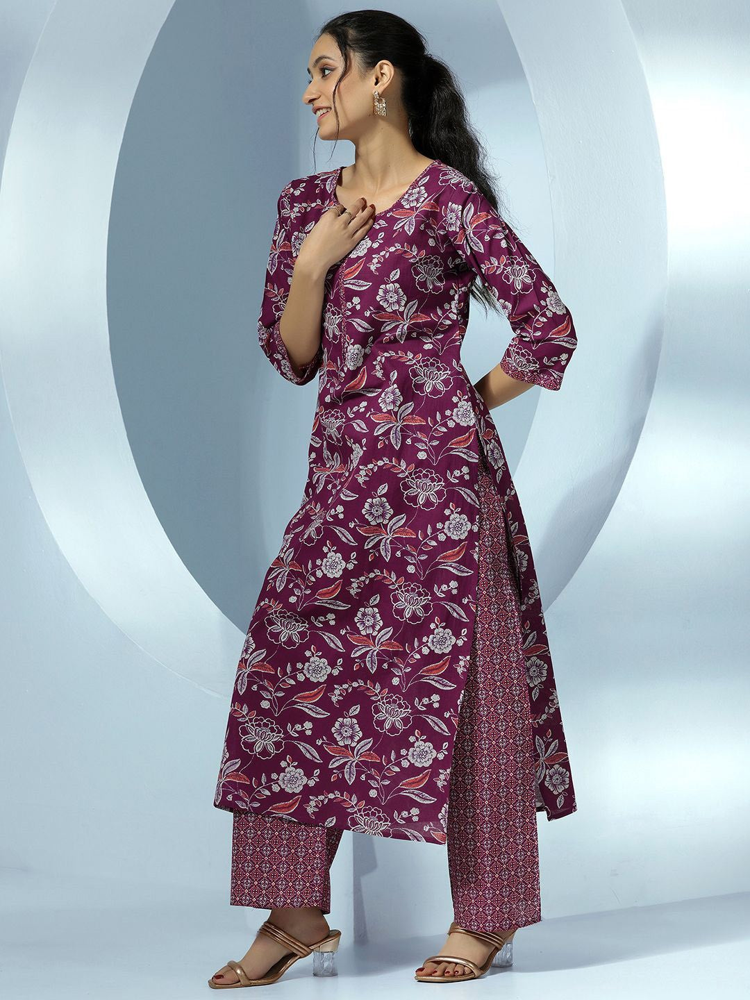 MEERA FAB Womens Pure Cotton Floral Printed Kurta with Palazzo & Dupatta