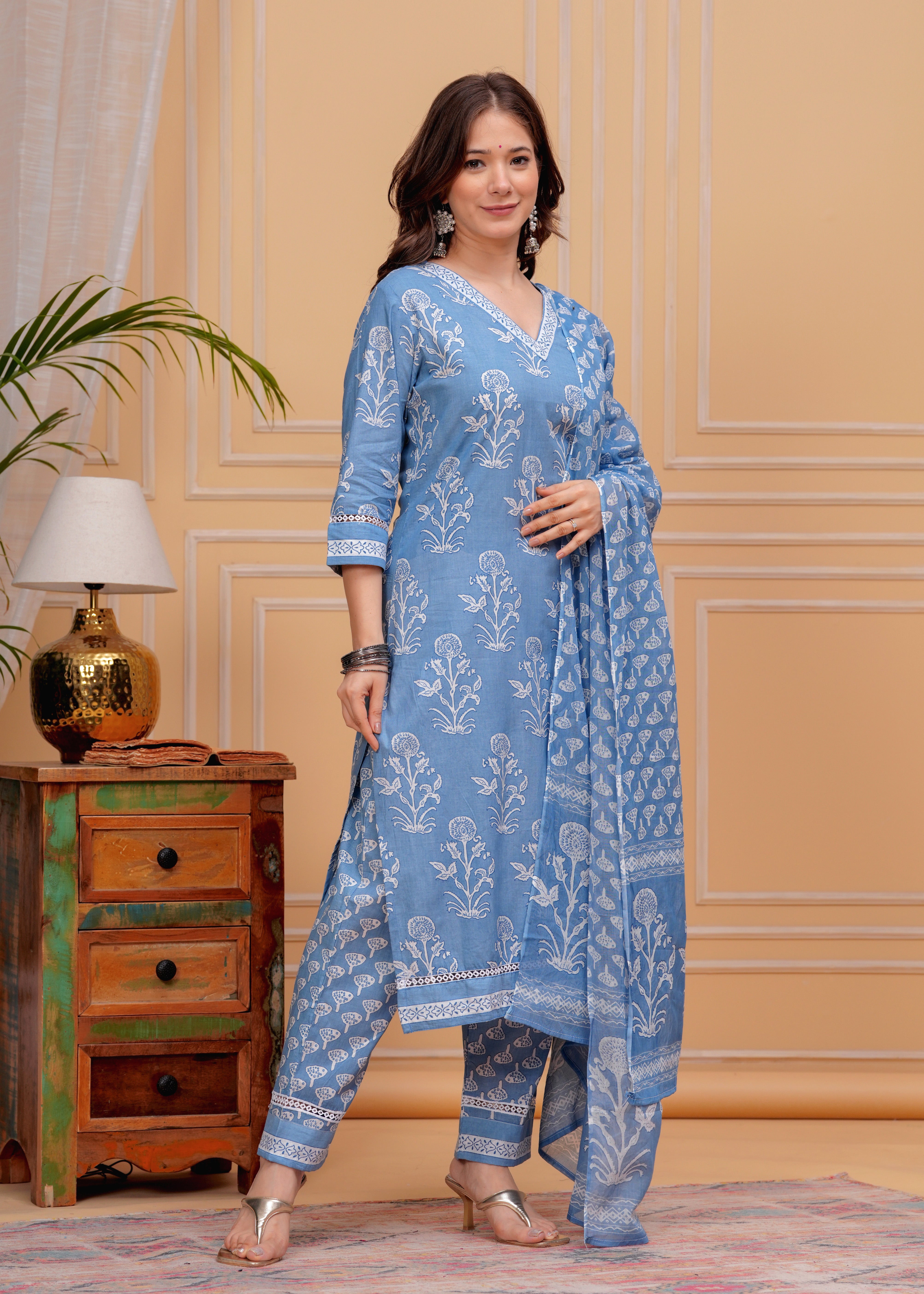 MEERA FAB Women's Cotton Blend Straight Printed Kurta with Palazzo & Dupatta