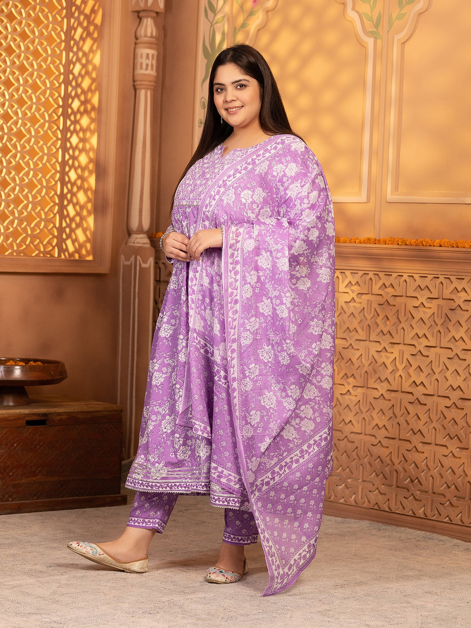 MEERA FAB Women's Pure Cotton Printed Anarkali Handwork Kurta with Palazzos & Dupatta