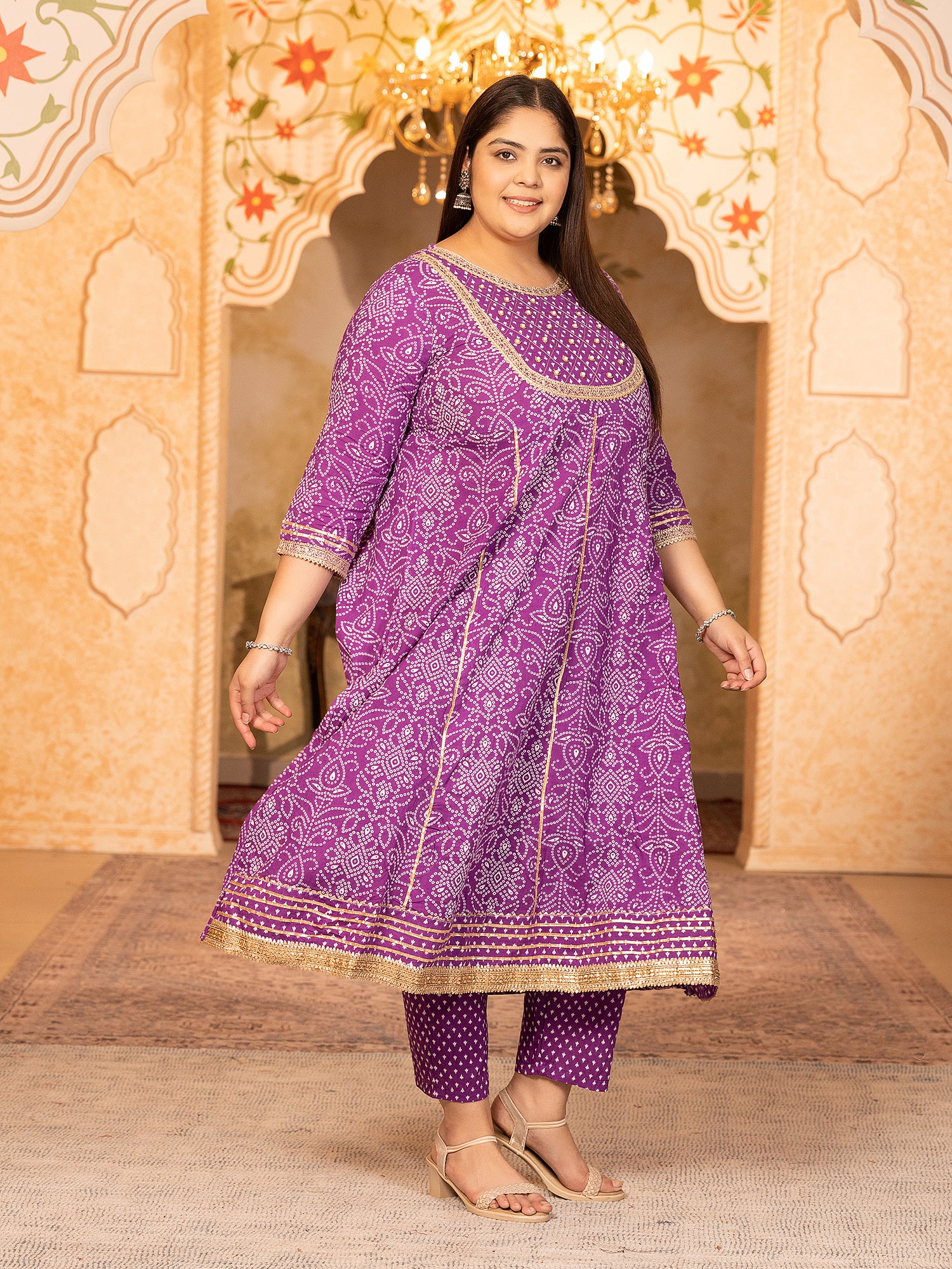 MEERA FAB Plus Size Printed Pure Cotton Anarkali Handwork Kurta with Palazzos & Dupatta
