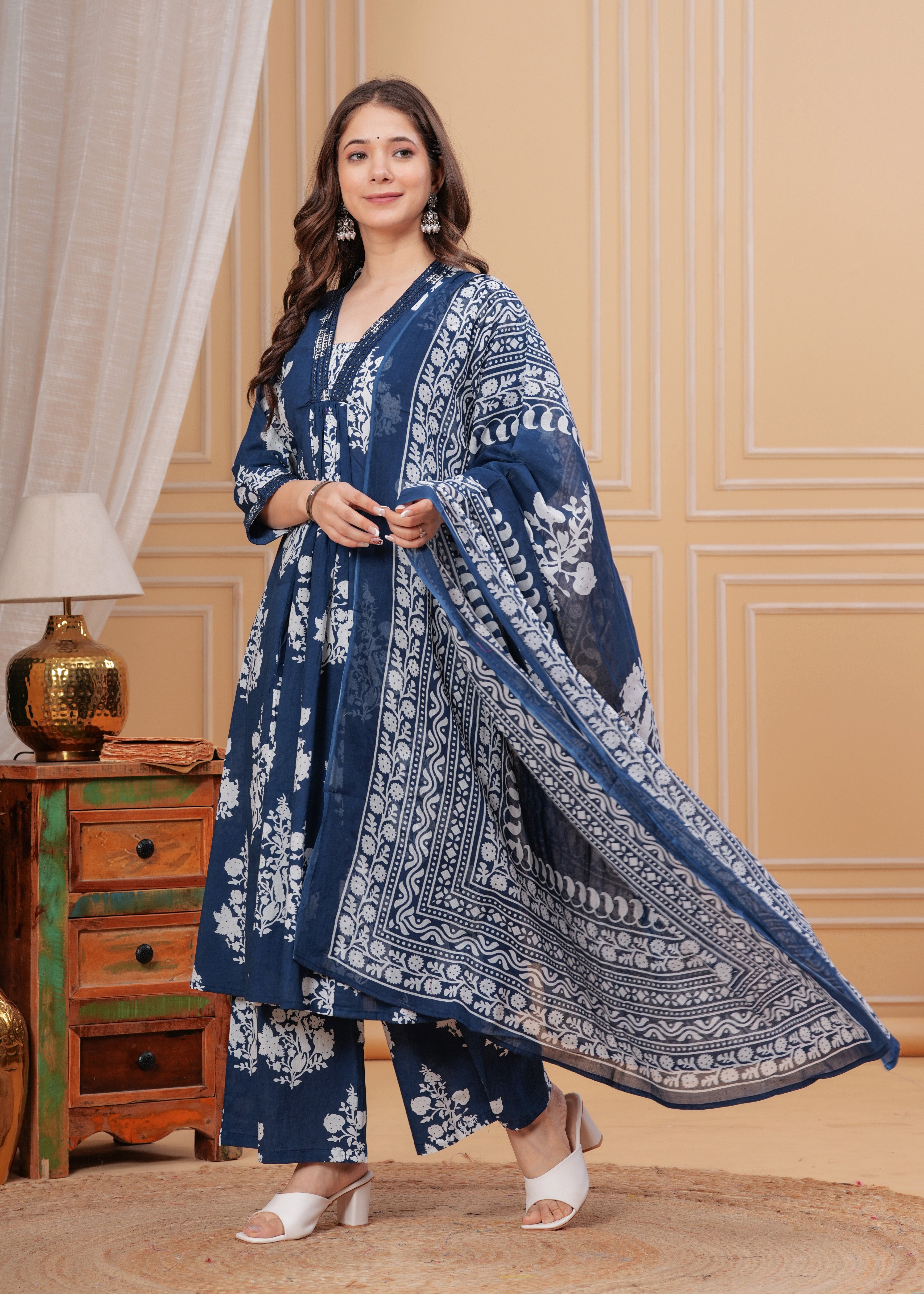 MEERA FAB Women's Cotton Blend V-Neck Anarkali Embrodriery Kurta with Palazzo & Dupatta