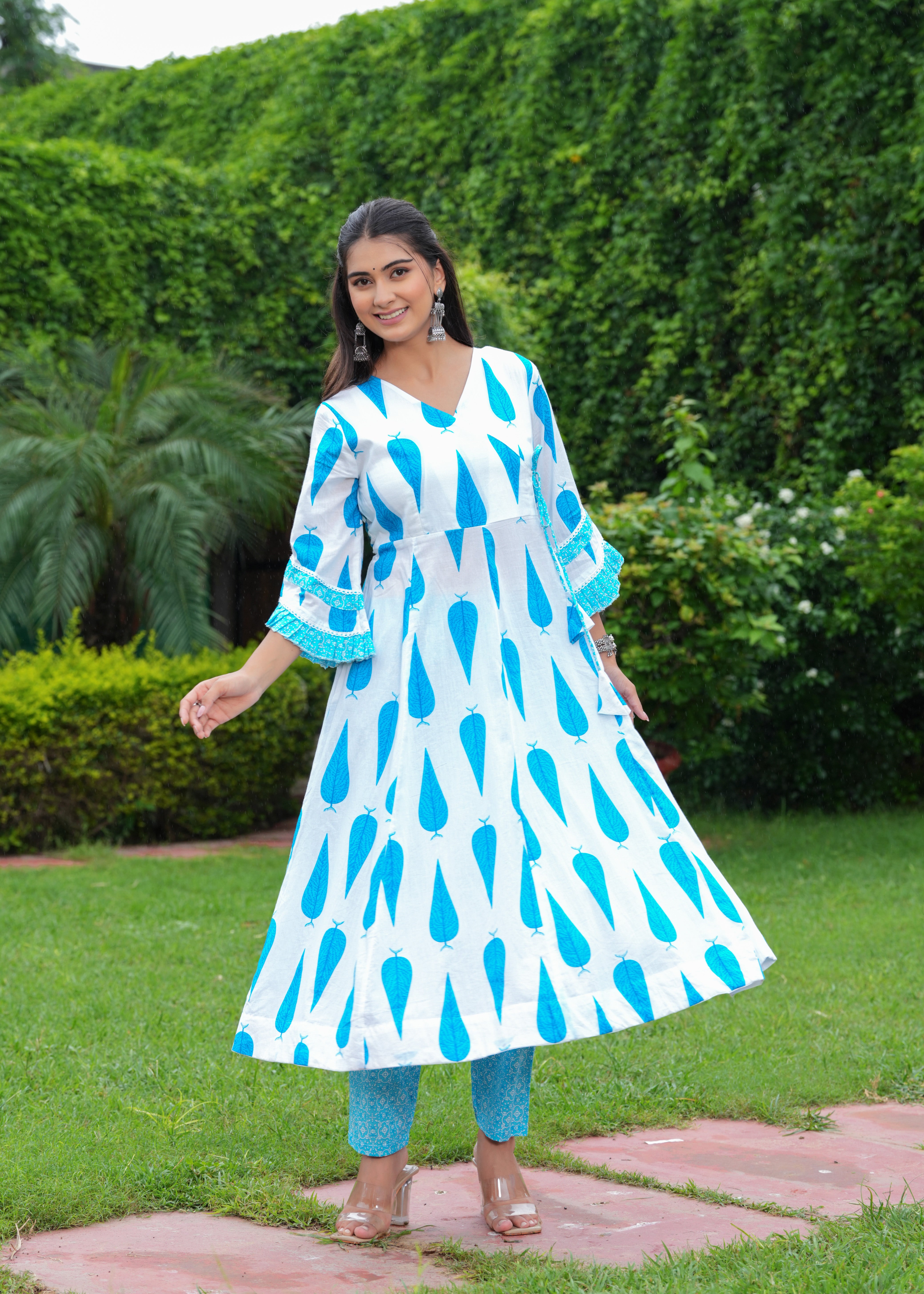 MEERA FAB Women's Cotton Blend Anarkali Printed Kurta with Palazzo & Dupatta