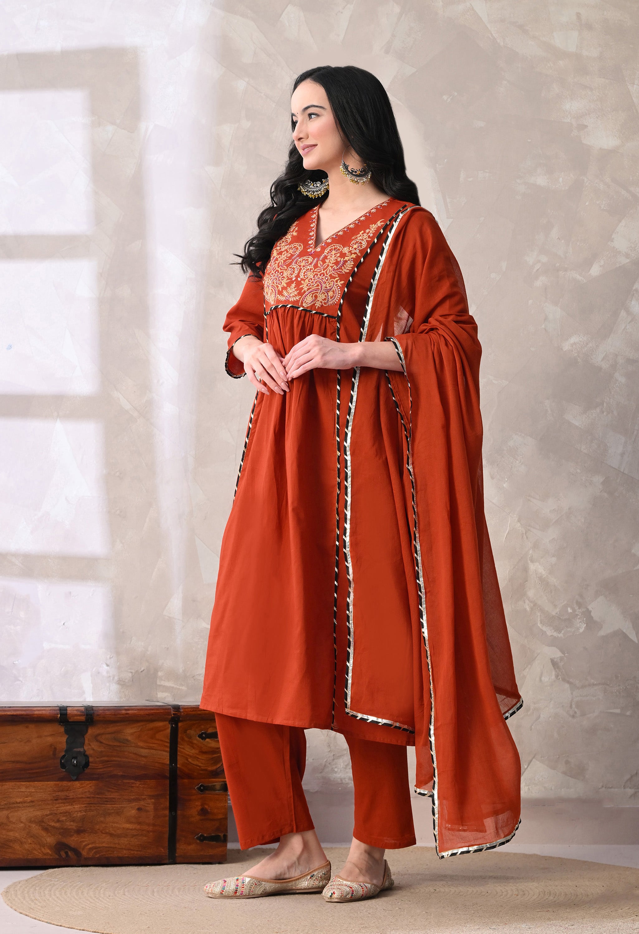 MEERA FAB Women's Cotton Anarkali Kurta with Palazzo and Dupatta, Embroidered Yoke, 3-Piece Set
