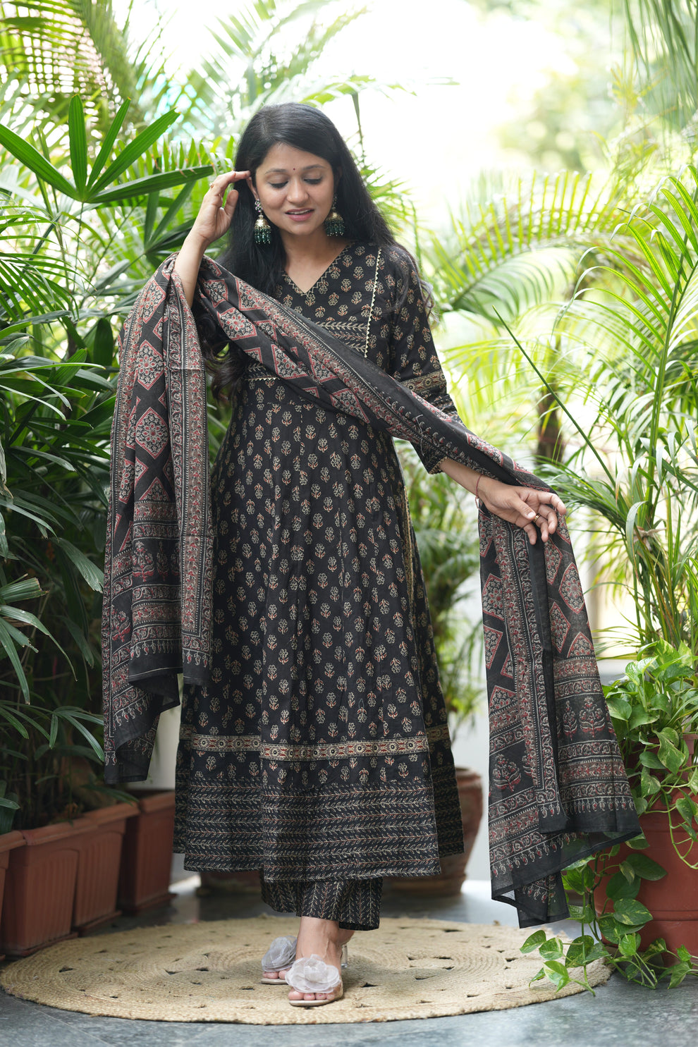 MEERA FAB Women Black Printed Regular Pure Cotton Anarkali Kurta with Palazzos & with Dupatta