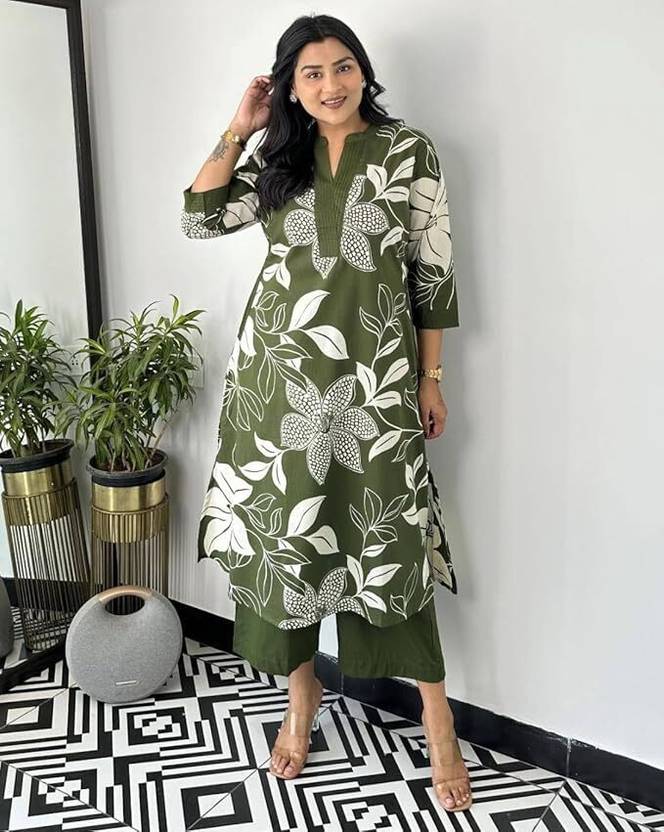MEERA FAB Women's Pure Cotton Printed Ethnic Wear Straight Kurta Set with Palazzo Pants