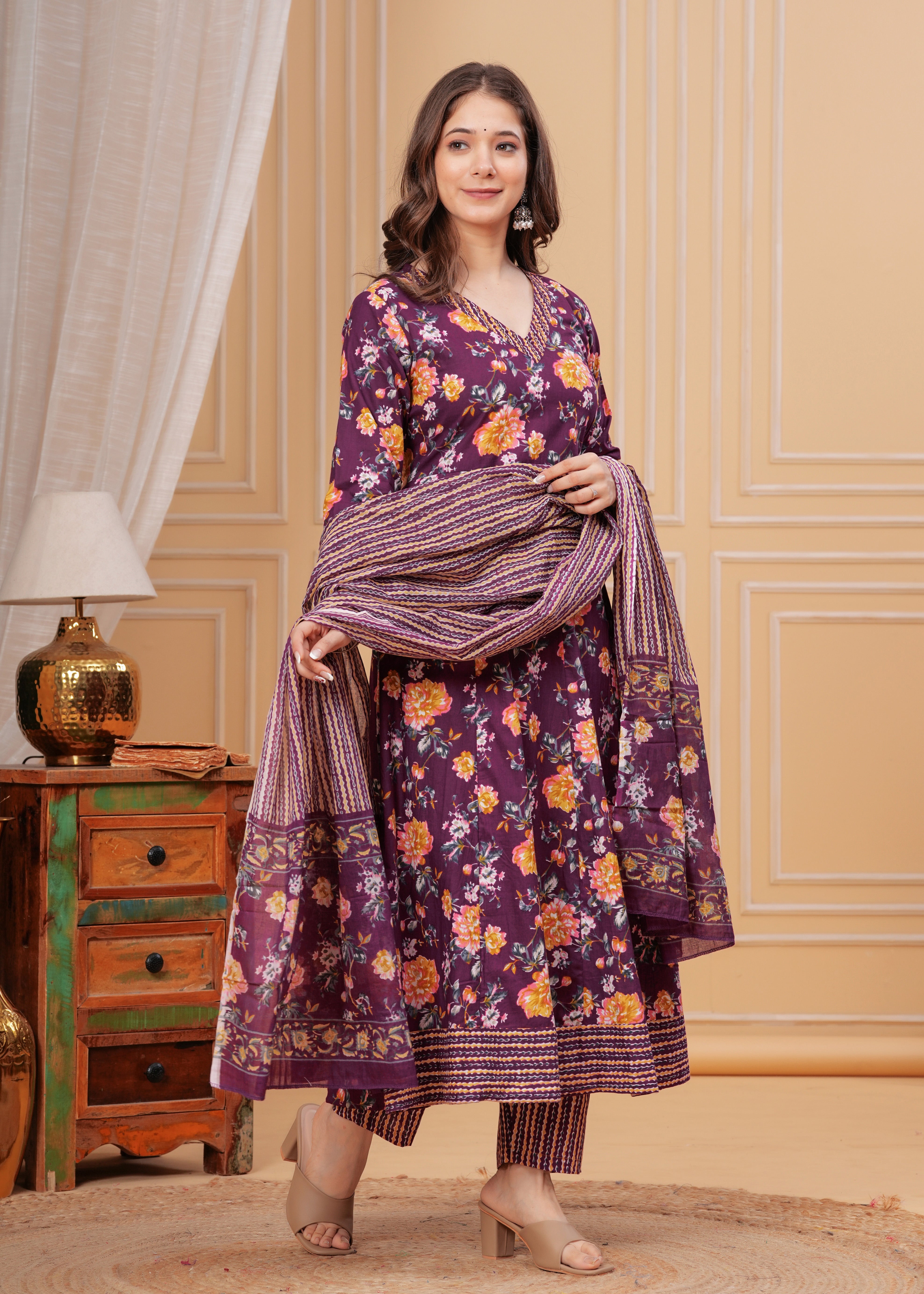 MEERA FAB Women's Pure Cotton V-Neck Anarkali Printed Kurta with Palazzo and Dupatta