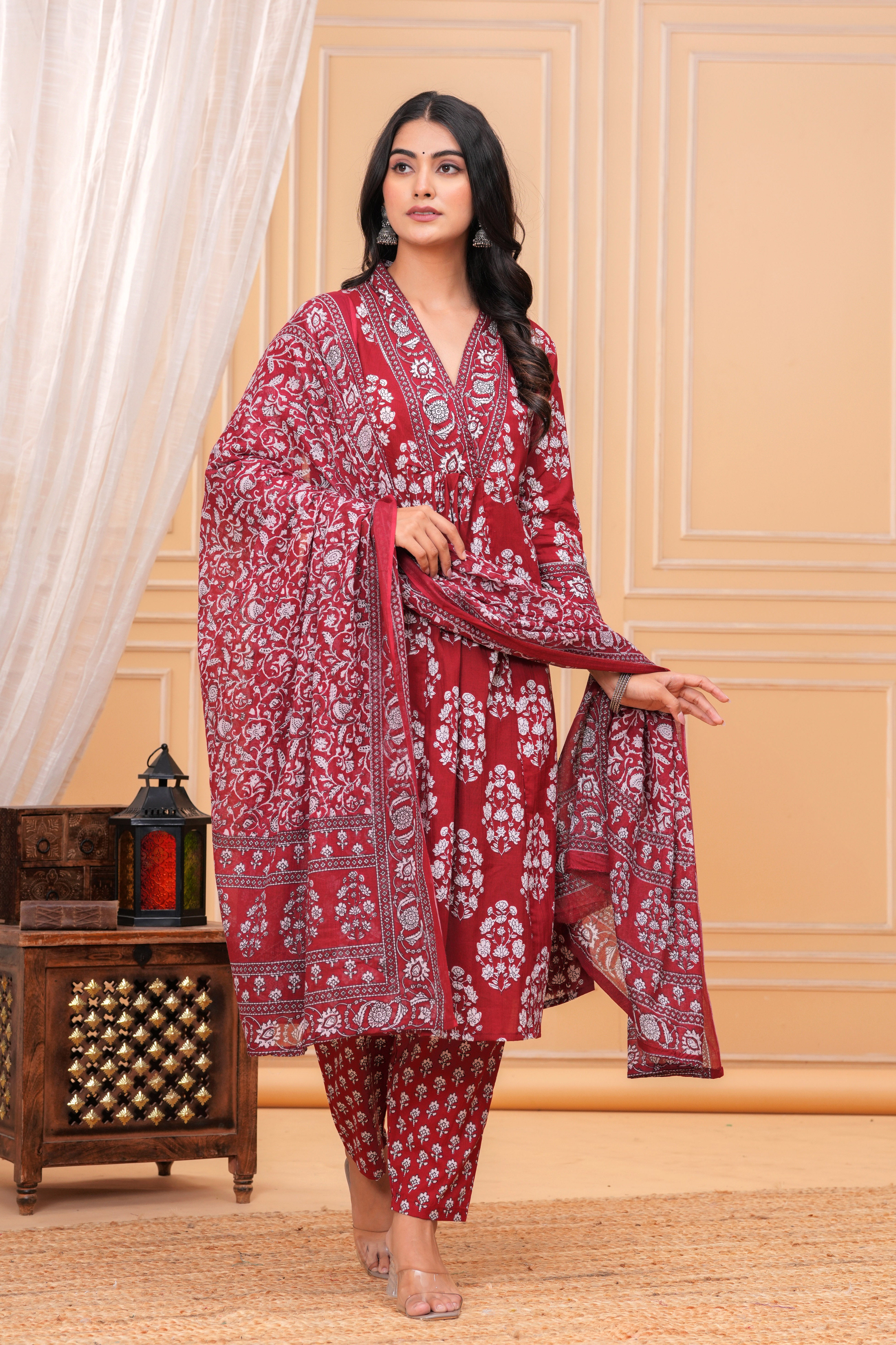 MEERA FAB Women's Pure Cotton V-Neck Border Anarkali Printed Kurta with Palazzo and Dupatta