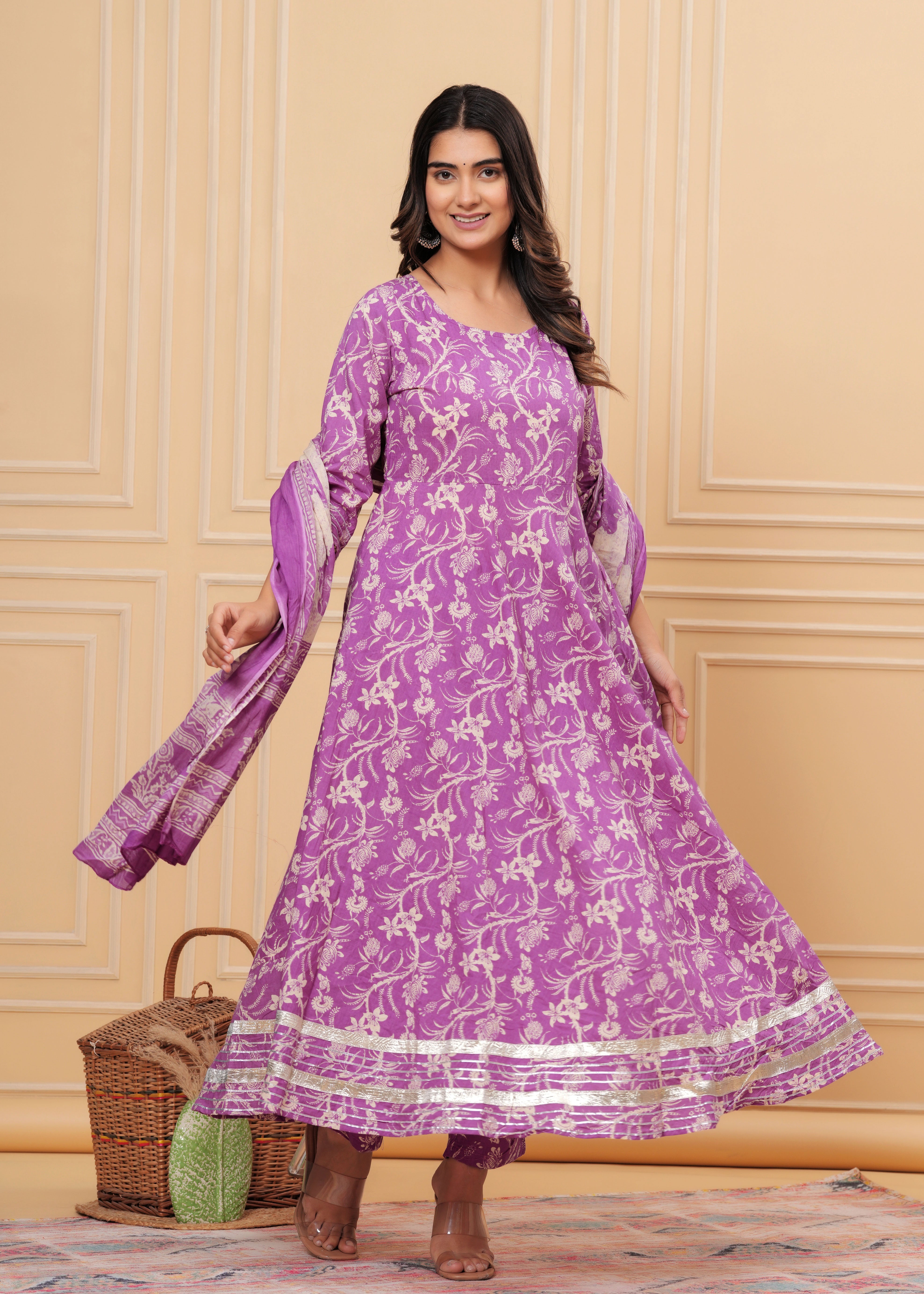 MEERA FAB Women's Cotton Printed Anarkali Kurta with Palazzo & Dupatta Set with Dori