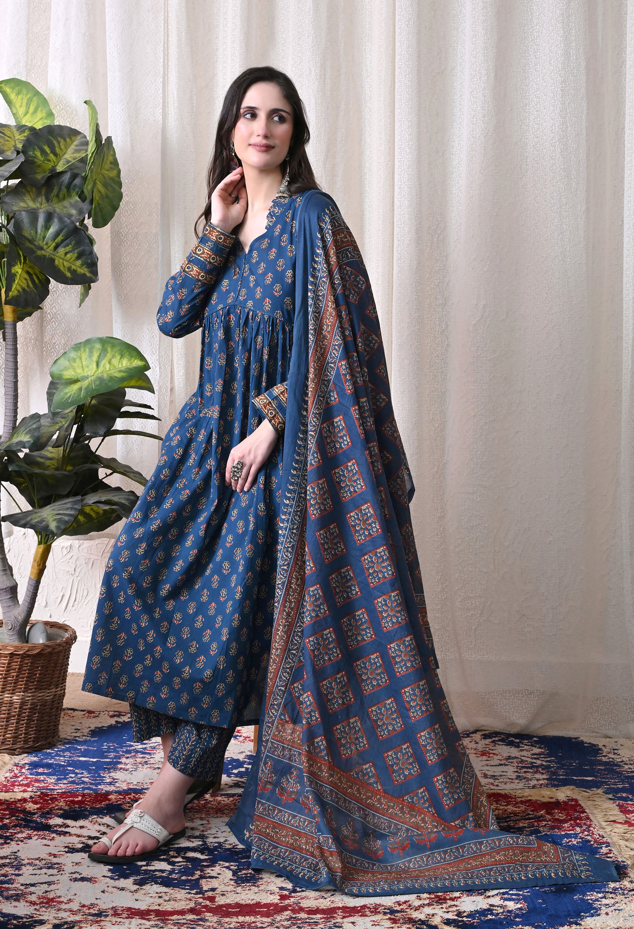 MEERA FAB Women Printed Regular Pure Cotton Anarkali Kurta with Palazzos & with Dupatta