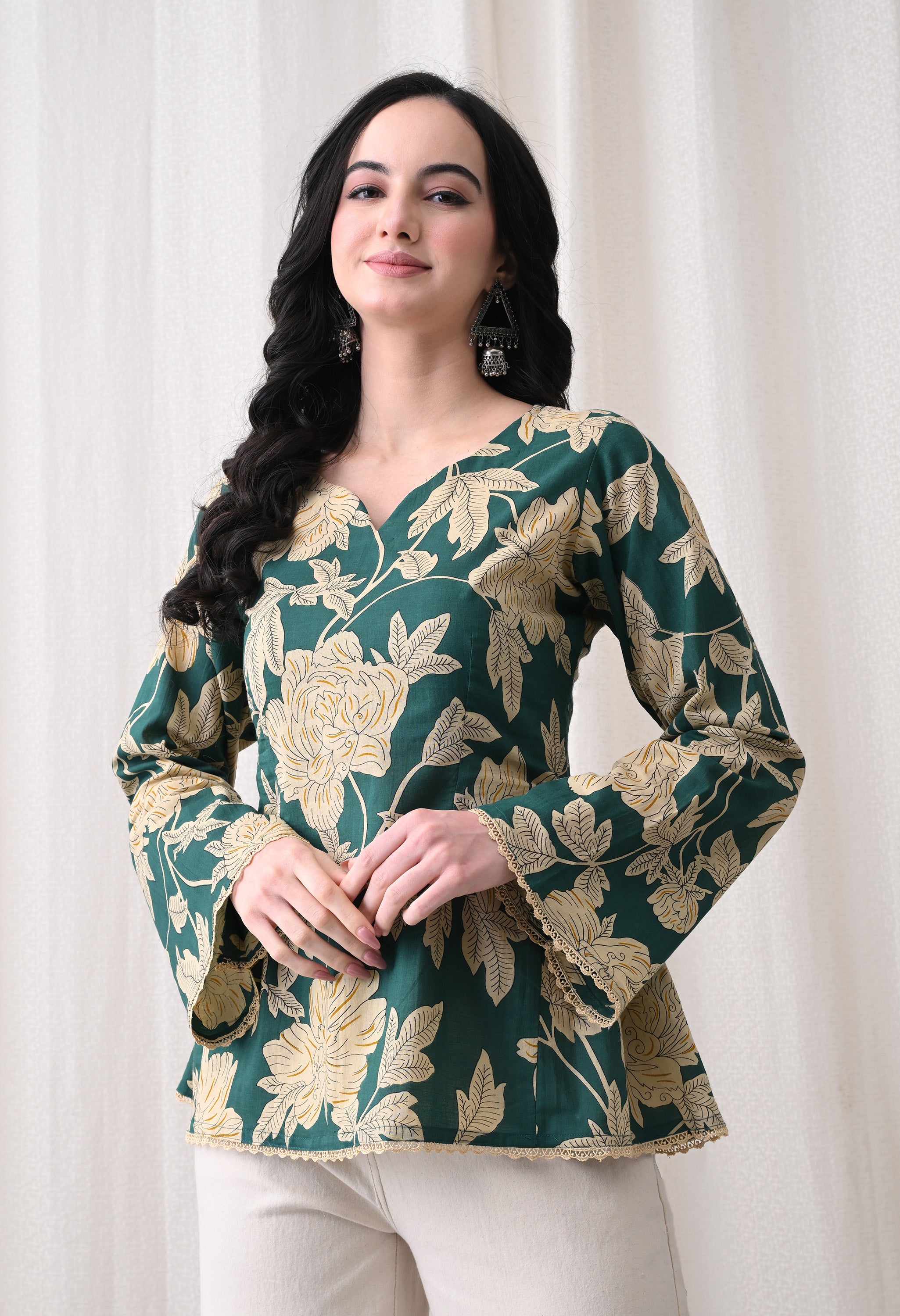 MEERA FAB Women's Summer Floral Printed Cotton Short Kurta Bell Sleeves | Floral Printed Kurta | Short Kurti for Women