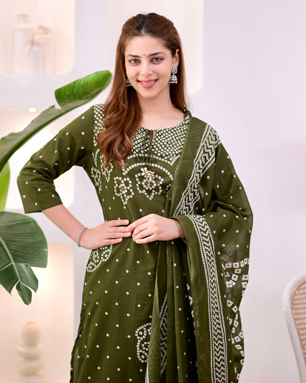 MEERA FAB Women's Pure Bandhej Cotton Straight Kurta Set with Palazzo Pants & Dupatta|Ethnic wear|Kurti Suit Set for Women