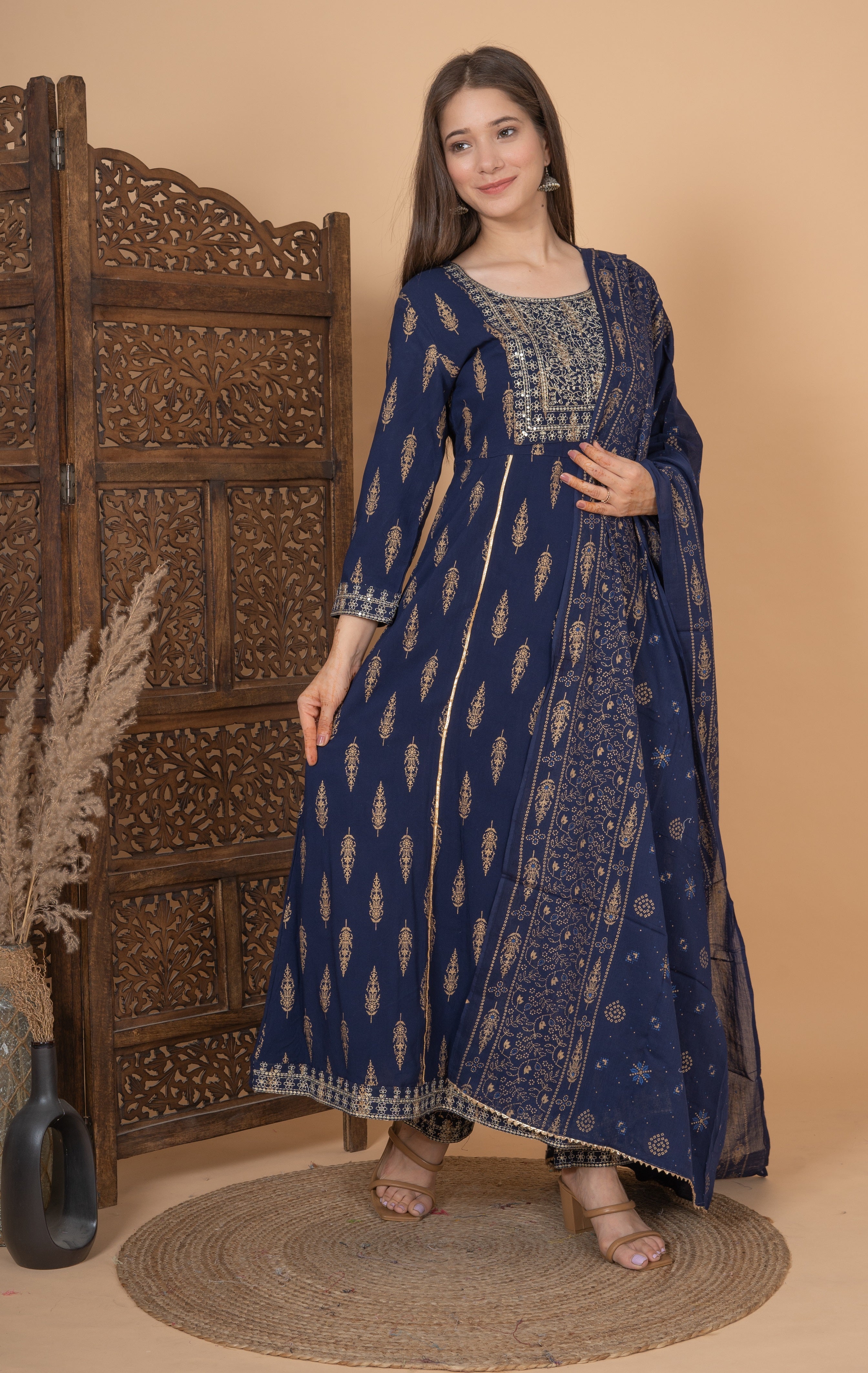 MEERA FAB Women's Rayon Printed Blue Anarkali Kurta with Palazzo & Dupatta Set
