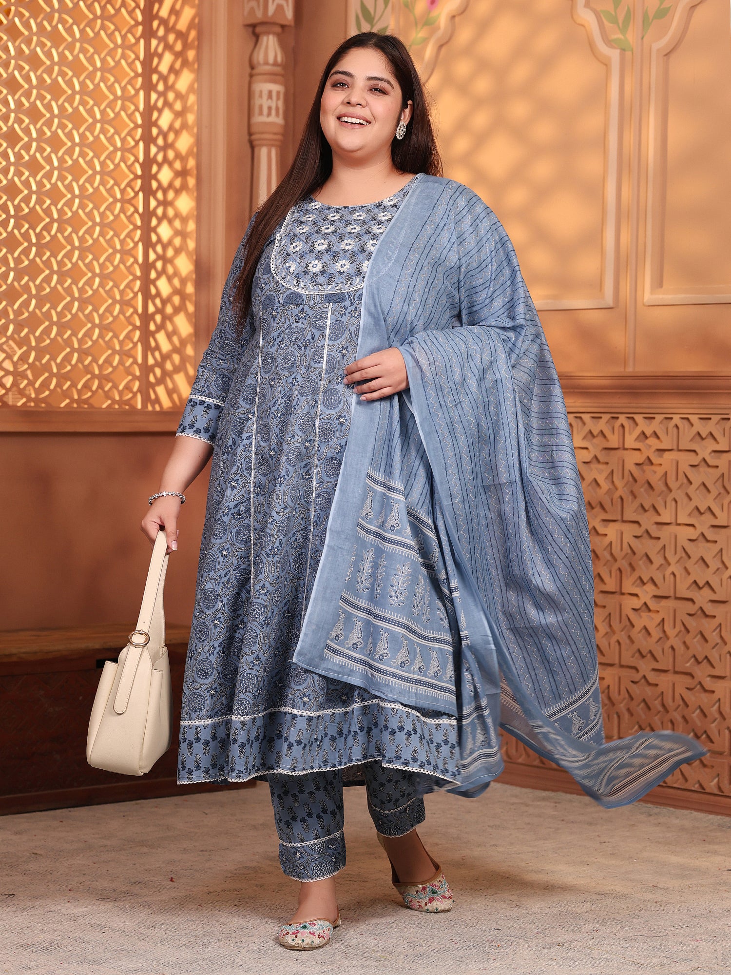 MEERA FAB Women's Pure Cotton Printed Anarkali Handwork Kurta with Palazzos & Dupatta