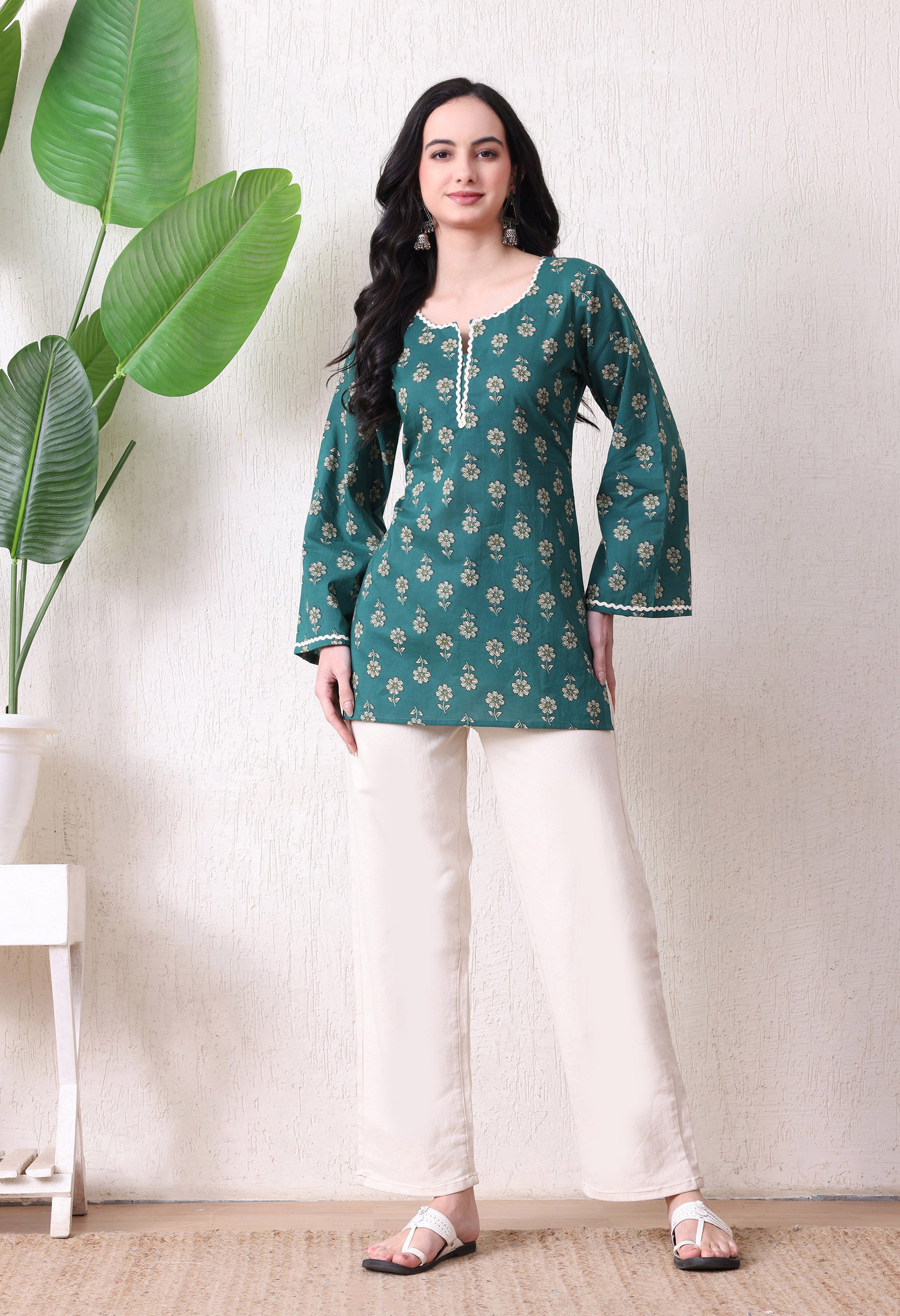 MEERA FAB Women's Floral Printed Cotton Short Kurta | Floral Printed Kurta with Bell Sleeves | Short Kurti for Women